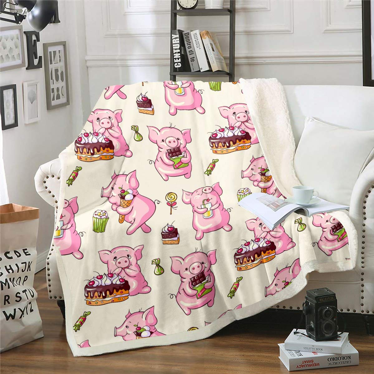Feelyou Cute Pig Sherpa Throw Blanket - Cartoon Animal Plush Fleece Blanket for Couch, Sofa & Bed - Ultra Soft Chocolate Cake Design Home Decor - 90x90 Inch Queen Size - Perfect for Cozy Nights, Gift Giving & Nursery Room Decor