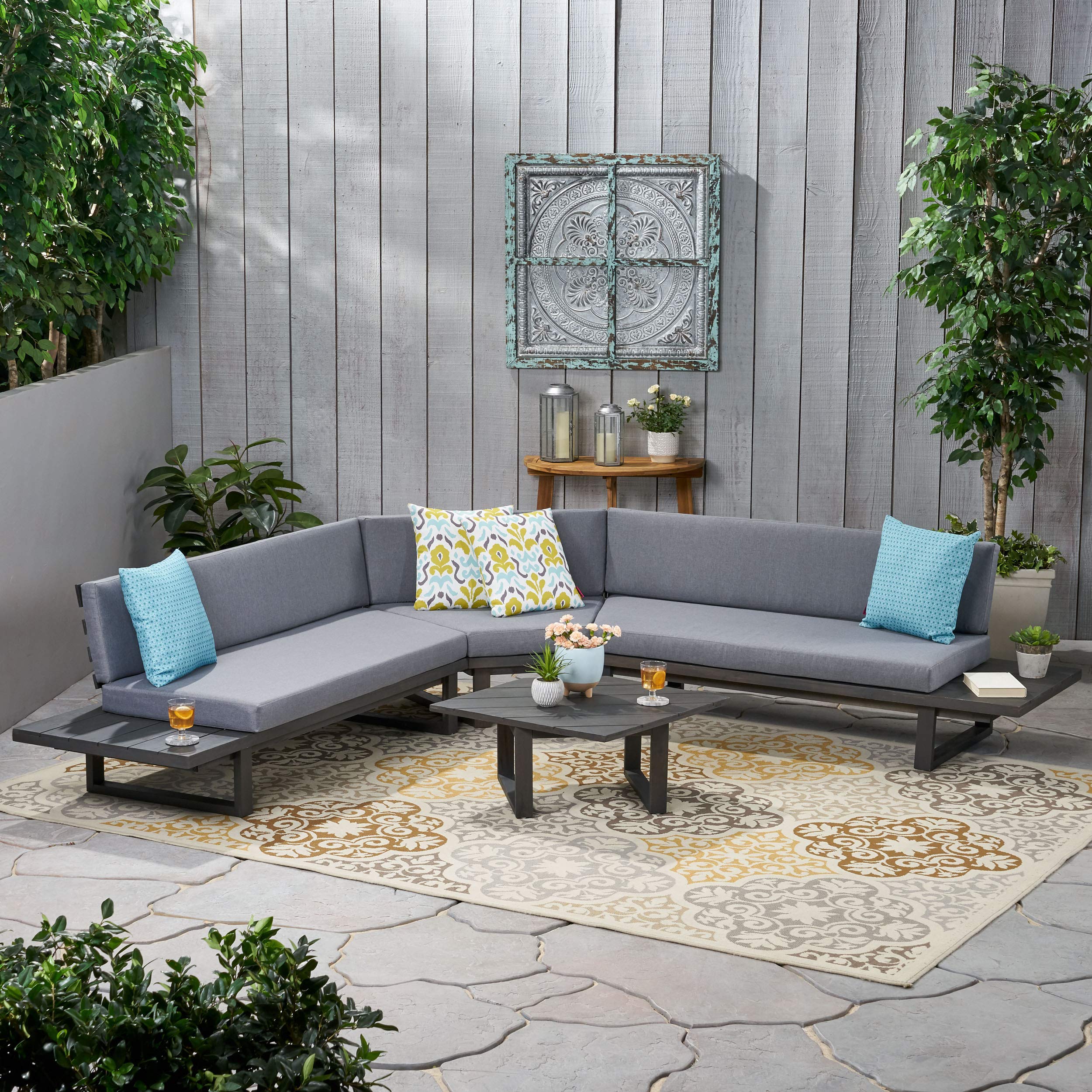 Premium 5-Piece Outdoor Acacia Wood Sectional Sofa Set with Water-Resistant Cushions - Dark Gray & Gray Patio Furniture for Backyard, Poolside & Garden Relaxation | Durable Weatherproof Outdoor Seating