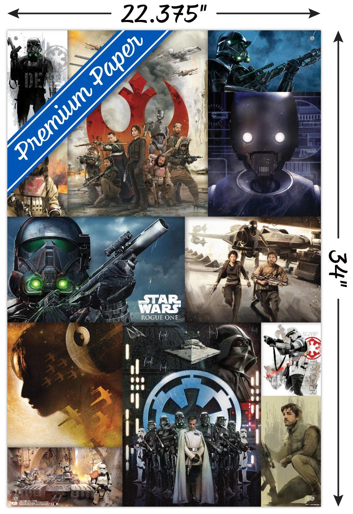 Star Wars Rogue One Movie Poster - 24x36 Inch Premium Collage Wall Art with Push Pins for Bedroom, Office & Game Room Decor