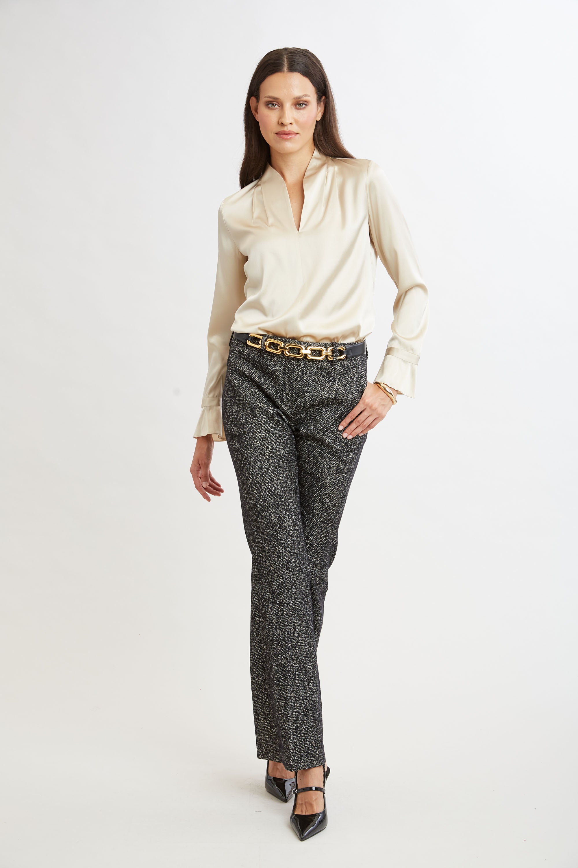 Silk Satin Blouse with Contour Neckline & Ruffle Cuffs - Elegant Women's Dress Shirt for Office, Party & Special Occasions