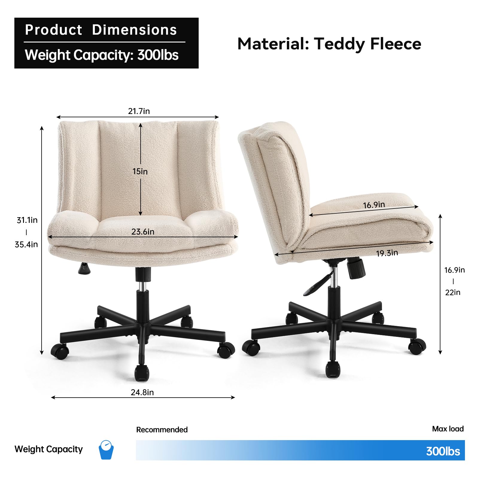LEAGOO Criss Cross Chair with Wheels - Furry Armless Desk Chair, Comfy Wide Seat Cross Legged Office Chair - Height Adjustable Swivel Vanity Chair for Home Office, Makeup, Gaming & Reading - Cream White