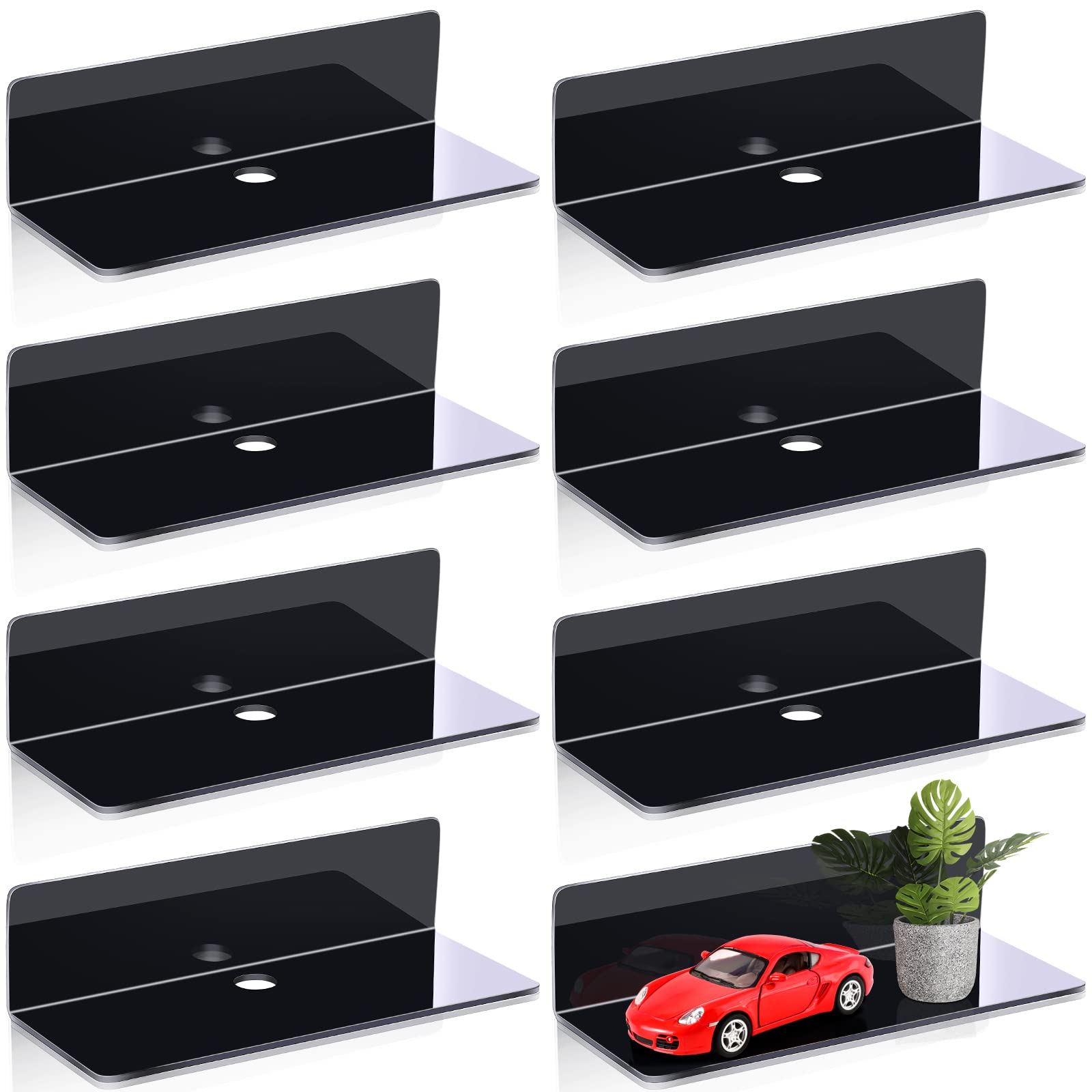 Maitys 8-Pack Clear Acrylic Floating Shelves - 9 Inch No Drill Wall Mounted Display Shelves for Home & Office - Strong Adhesive Backing - Perfect for Living Room, Bathroom, Bedroom & Kitchen Decor (Black) | Ideal for Organizing Books, Plants, Photos & Decorative Items