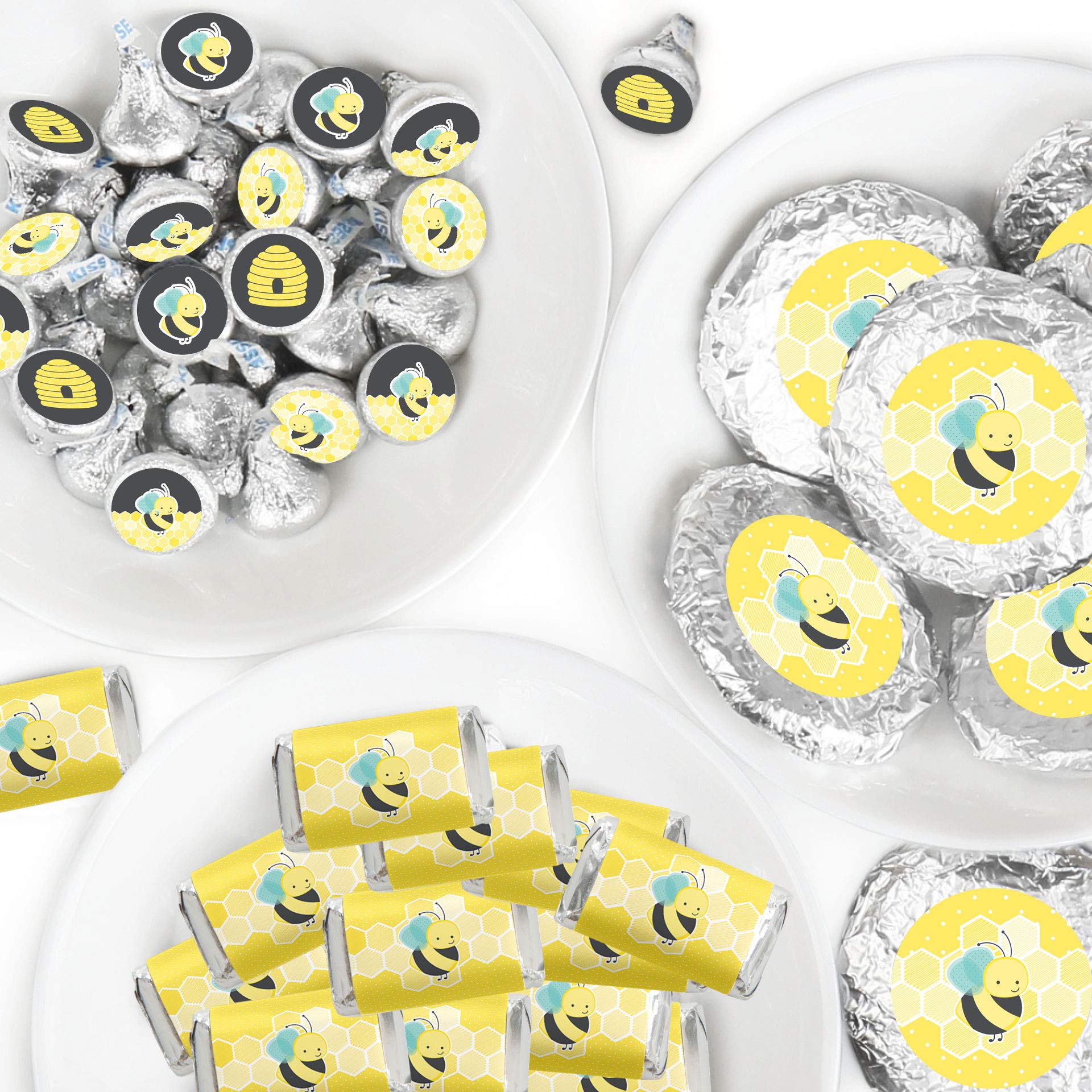 Big Dot of Happiness Honey Bee Mini Candy Bar Wrappers & Round Stickers - 304pcs Baby Shower Birthday Party Favors Kit - Perfect for DIY Candy Decorations, Bee-Themed Celebrations & Sweet Table Displays