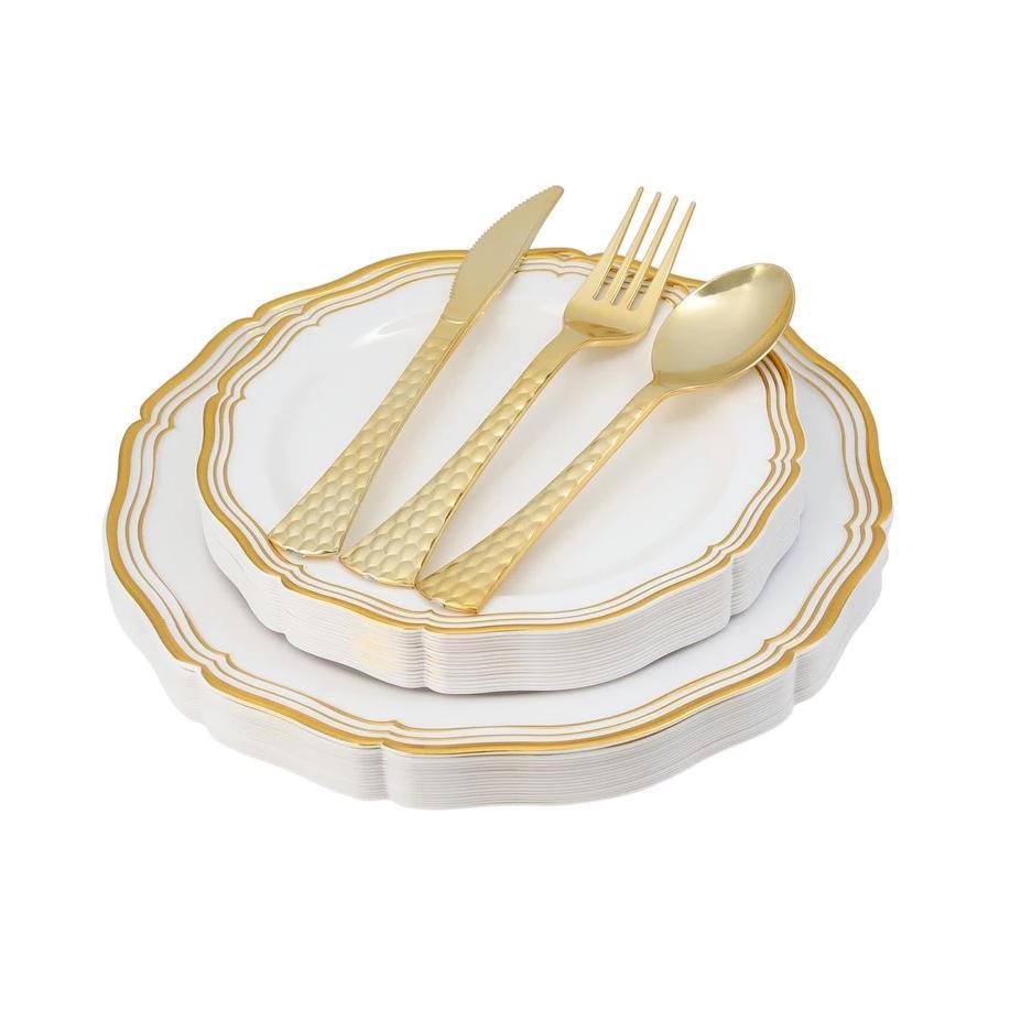 100-Piece White and Gold Round Plastic Dinnerware Set with Silverware - 20 Place Settings - Elegant Disposable Tableware for Parties, Weddings, and Events - Aristocrat Collection