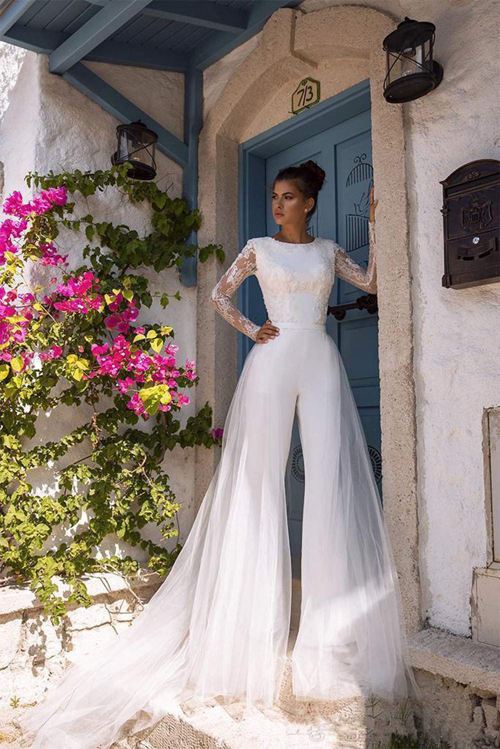 Boho Beach Wedding Dress with Detachable Train - Long Sleeve Lace Jumpsuit for Bohemian Brides, Beach Ceremonies & Modest Occasions