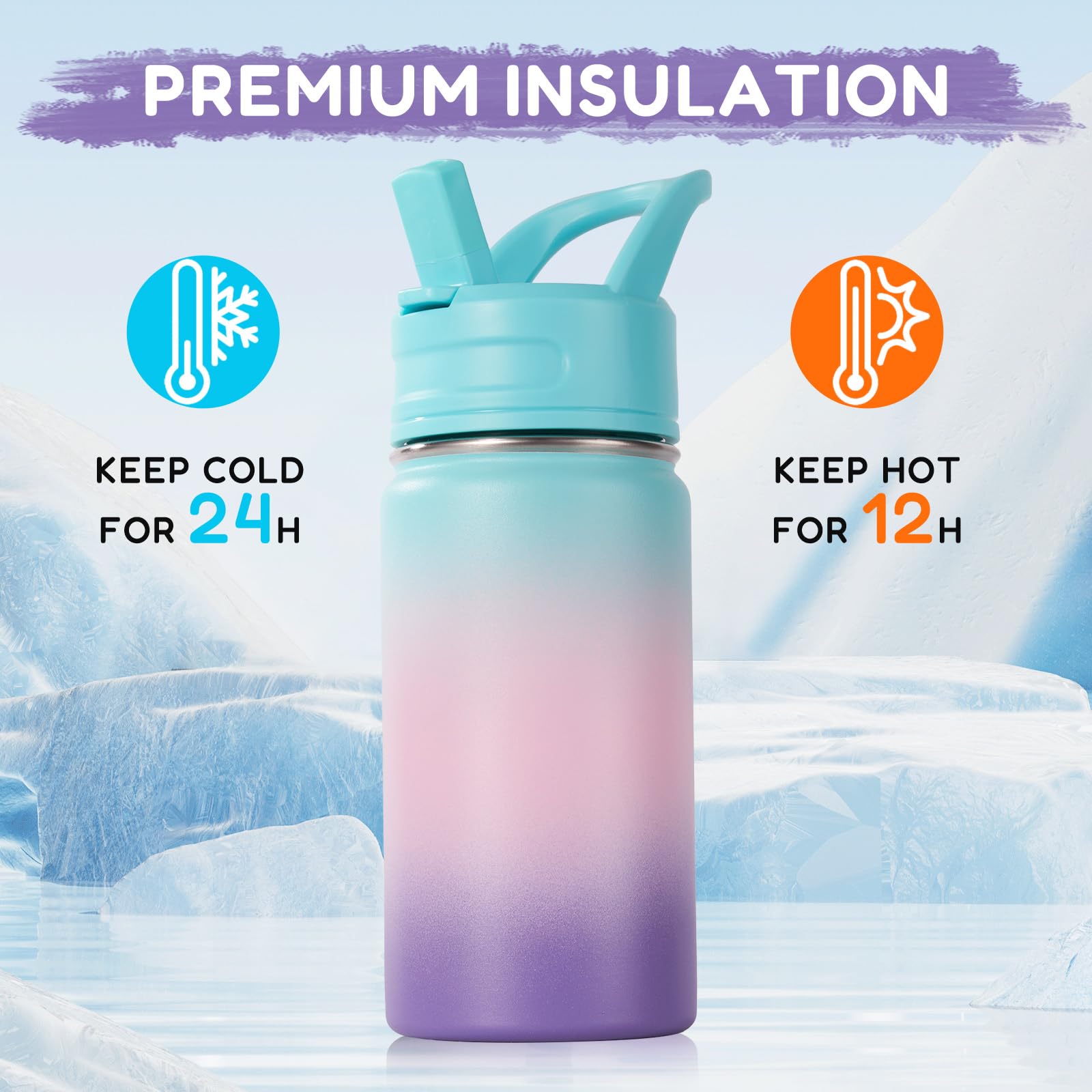 12oz Kids Water Bottle with Straw - Stainless Steel Vacuum Insulated Water Bottle for Toddlers, Boys & Girls - Leak Proof, BPA Free, Aurora Design - Perfect for School, Outdoor Activities & Travel