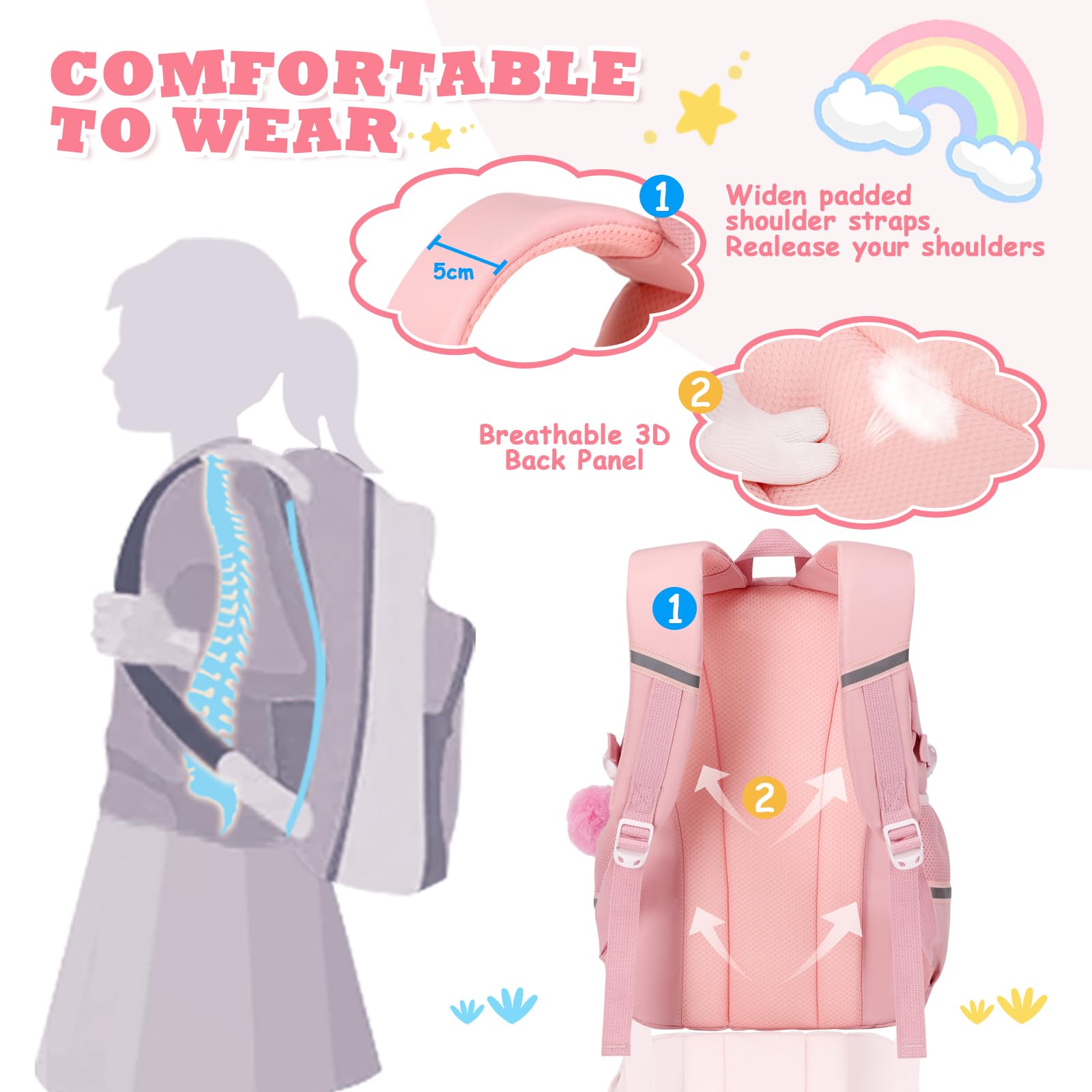 Cute Kawaii Girls Backpack for School - Pink Fashion Bookbag with Multiple Pockets for Teenage Students | Perfect for Elementary, Middle & High School, College, Travel & Daily Use