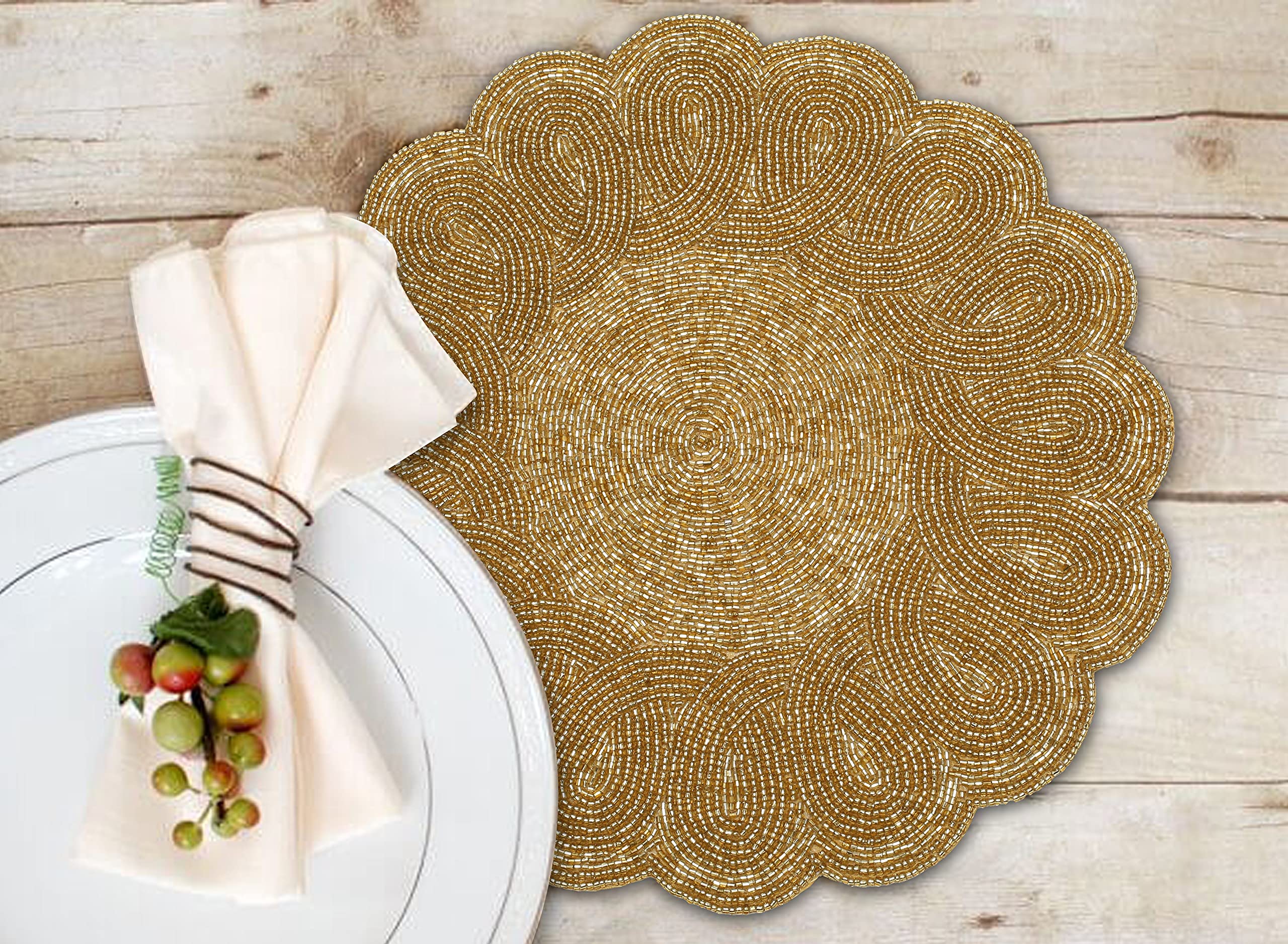 Lightnpro Christmas Beaded Placemat Set of 2 - 13 Inch Round Embroidered Gold Table Mats, Handmade Beaded Charger Plates for Holiday Dining Decor, Perfect for Christmas Dinner Party Table Setting & Festive Home Decor