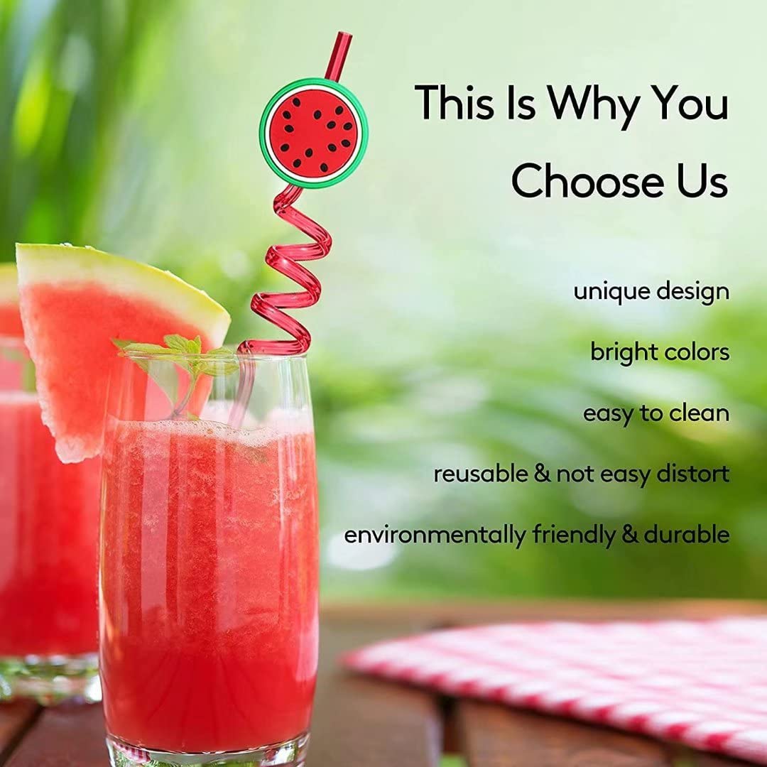 24 Pack Reusable Plastic Fruit Straws - Cartoon Watermelon Juice Drinking Straws for Kids, Party, Birthday, Art & DIY Projects | Eco-Friendly Spiral Straws for Smoothies, Cocktails & Fun Drinks