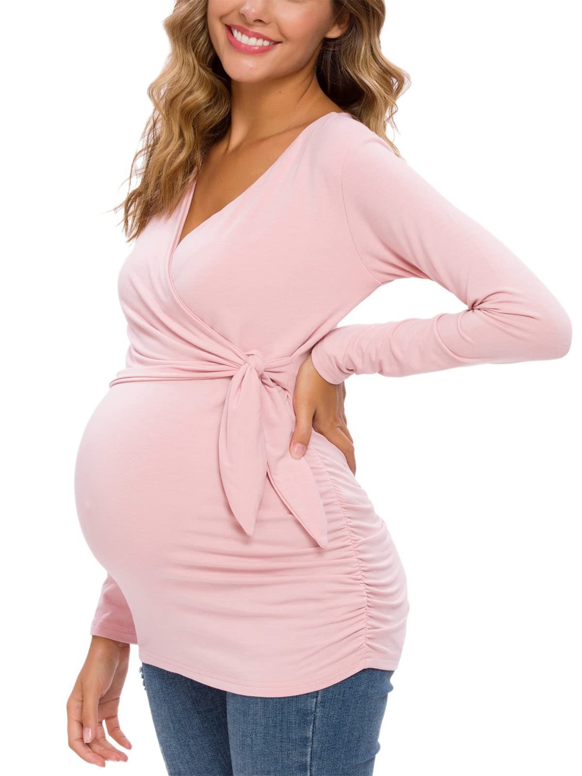 Glampunch Women's Maternity Tops - Comfortable Short & Long Sleeve Tie Front Wrap Shirts for Pregnancy | Perfect for Work, Casual Wear & Maternity Photos