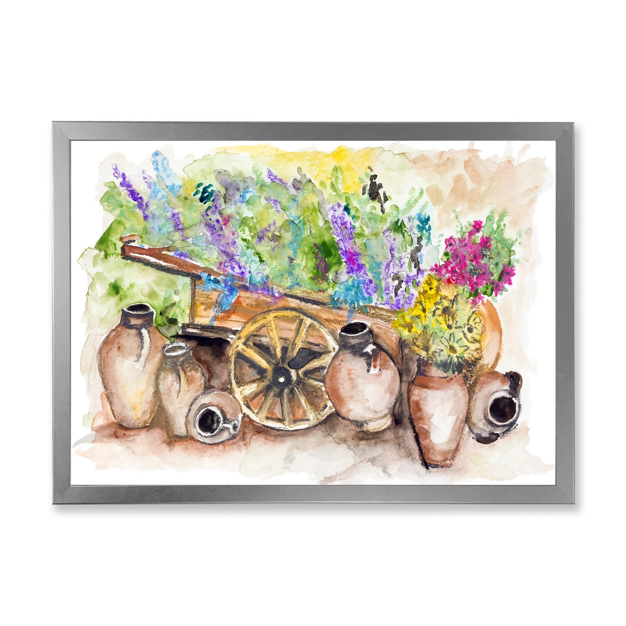 DesignQ Lavender Flowers on Vintage Cart Framed Wall Art - Rustic Farmhouse Decor for Living Room, Bedroom & Office