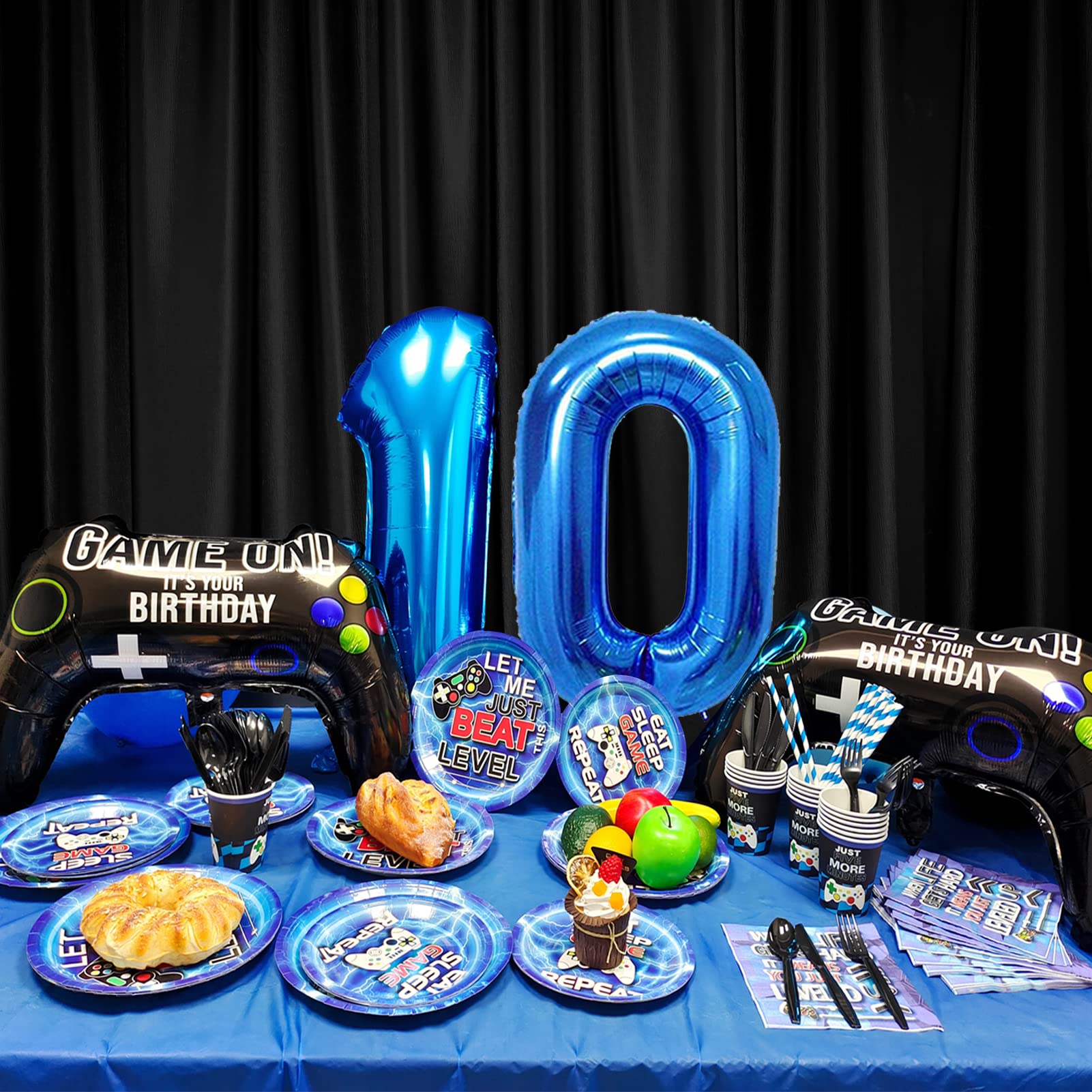 Vlipoeasn Blue 10th Birthday Party Supplies Set - Disposable Paper Plates, Napkins, Cups, Tablecloth, Hanging Swirls & Banner for 16 Guests | Video Game Themed Decorations for Boys Birthday Celebration | Perfect for Gaming Parties & Kids Birthday Events