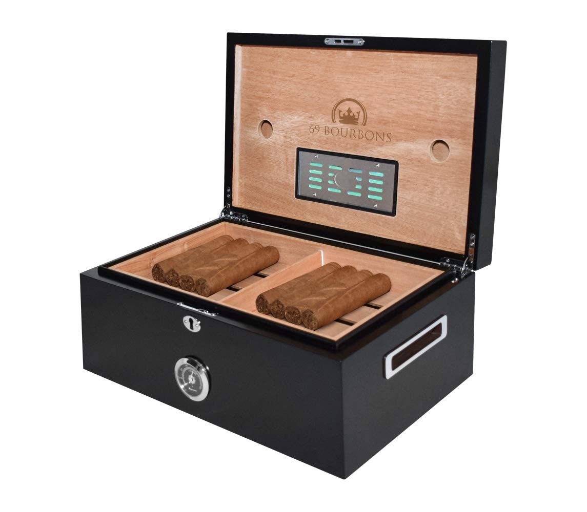 Premium 69Bourbons Cigar Humidor Box - Holds 150 Cigars with Hygrometer, Dividers & Locking System - Dark Madagascan Ebony Wood Exterior - Includes Removable Humidifier, Tray & Piano Hinges - Perfect for Home, Office or Gifts for Cigar Enthusiasts