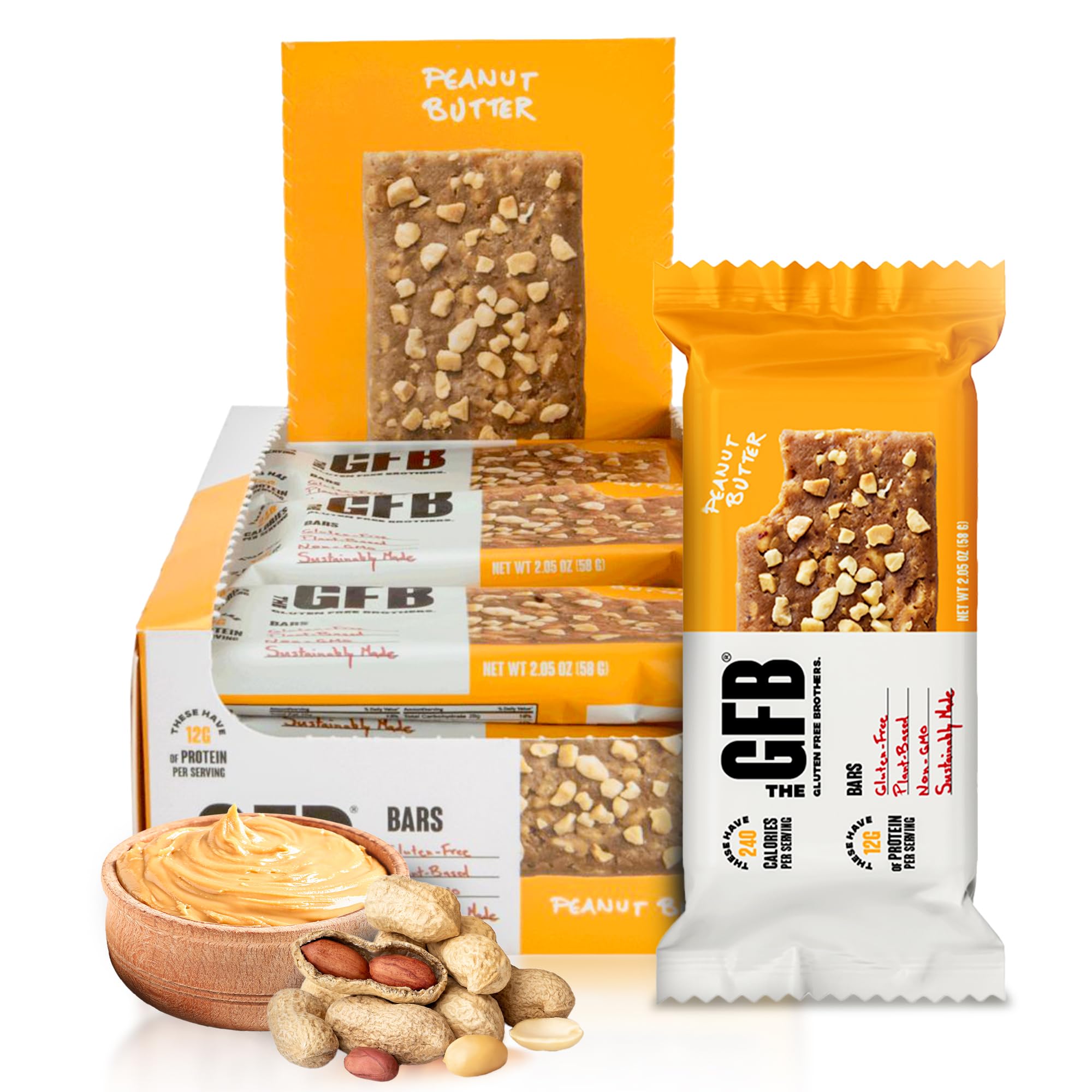 GFB Peanut Butter Protein Bars - Gluten Free, Vegan, Non-GMO, Plant-Based Protein Snack Bars, 2.05oz (12 Pack) | Healthy Nutrition for Workouts, Hiking & On-the-Go Energy Boost