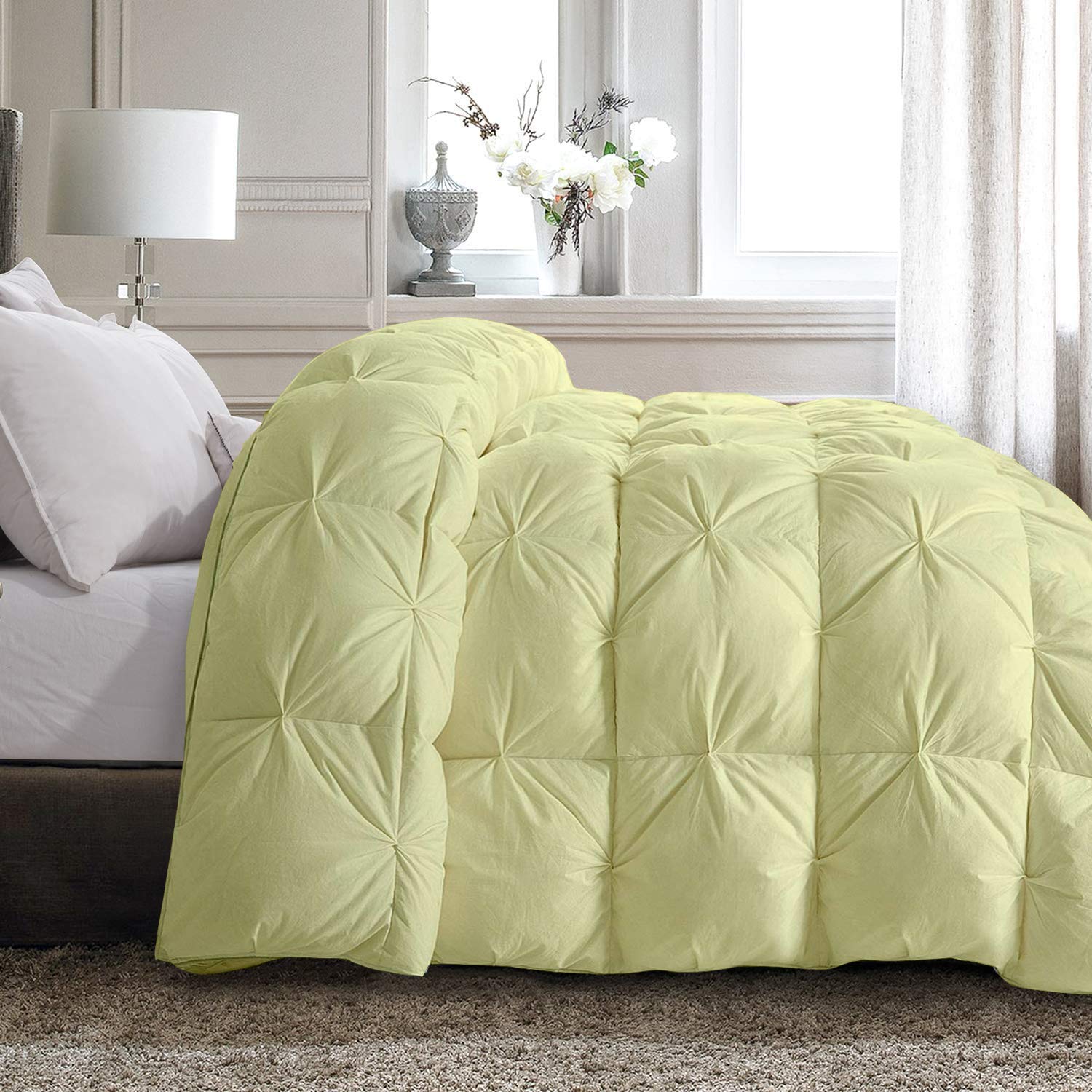 Pinch Pleated 100% Cotton Lightweight All-Season Down Alternative Comforter - Soft Quilted Cooling Bedding for Warm Weather & Hot Sleepers (Full/Queen, Ivory) - Perfect for Summer Nights, Guest Rooms & Temperature Regulation