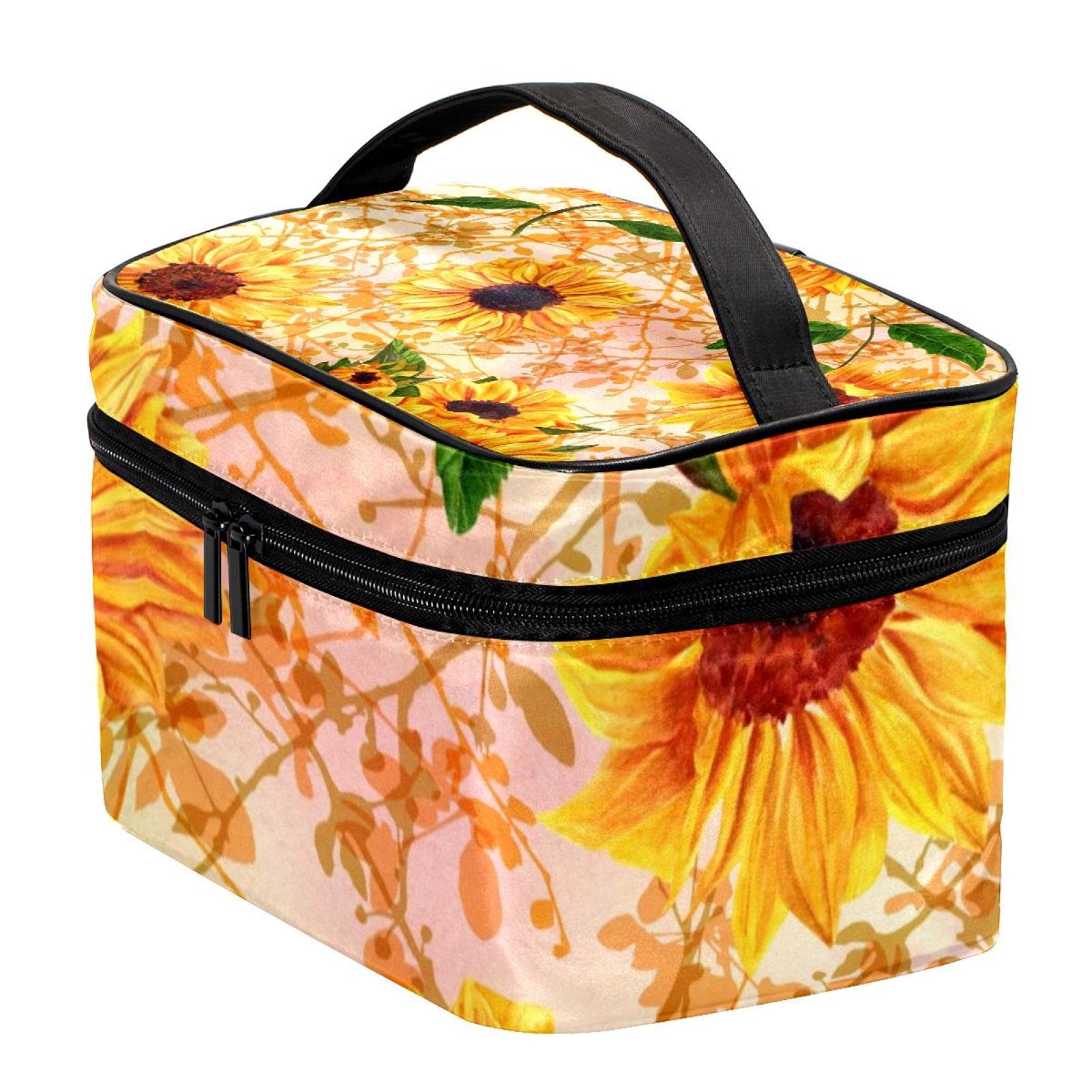 Yellow Sunflowers Green Leaves Large Travel Makeup Bag - Waterproof Cosmetic Organizer with Zipper for Women & Girls - Perfect for Vacation, Gym, and Daily Essentials Storage