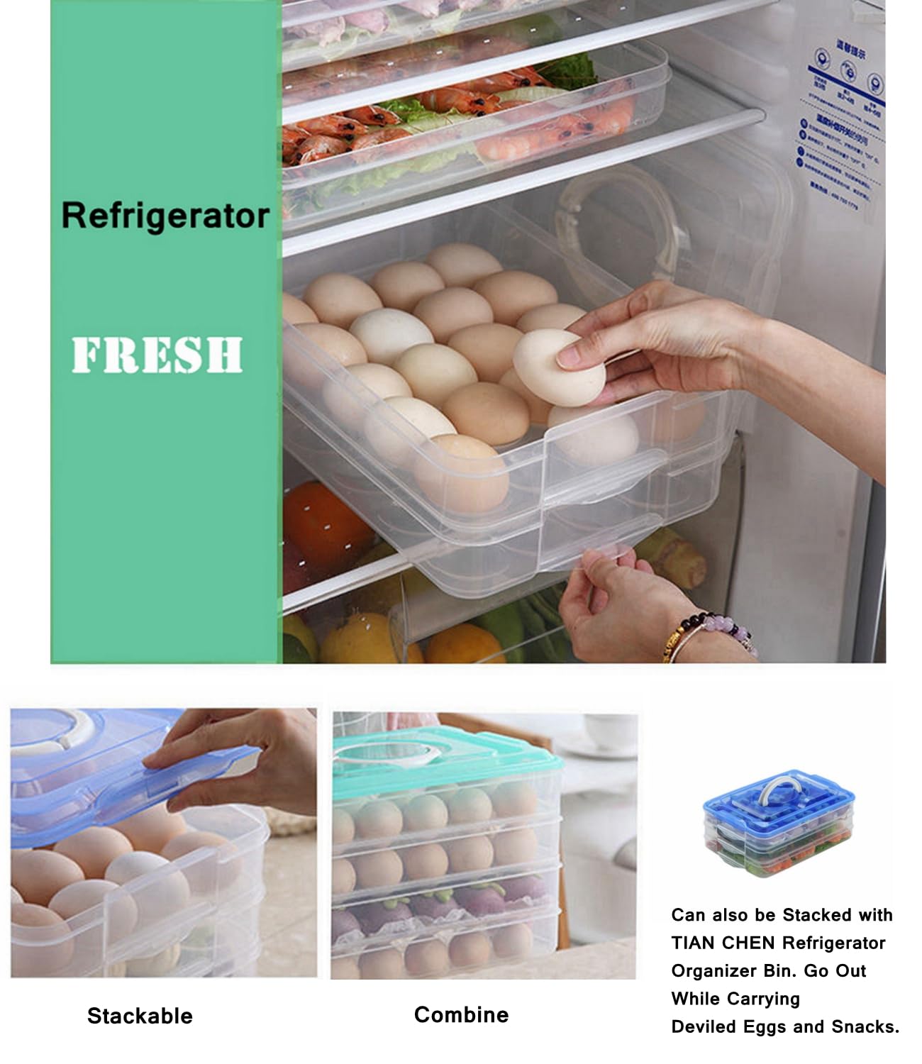 2-Layer Deviled Egg Tray with Lid - Large 40-Egg Food Storage Container with Handle - Refrigerator Egg Holder for Parties, Picnics & Holiday Meals (Blue)