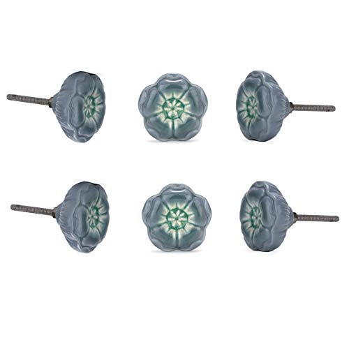 Perilla Home Set of 6 Ceramic Cabinet Knobs - Round Decorative Drawer Pulls for Kitchen Cabinets, Wardrobes, Dressers & Glass Doors - Durable Grey Hardware (Perfect for Home Renovation & DIY Furniture Upgrade)