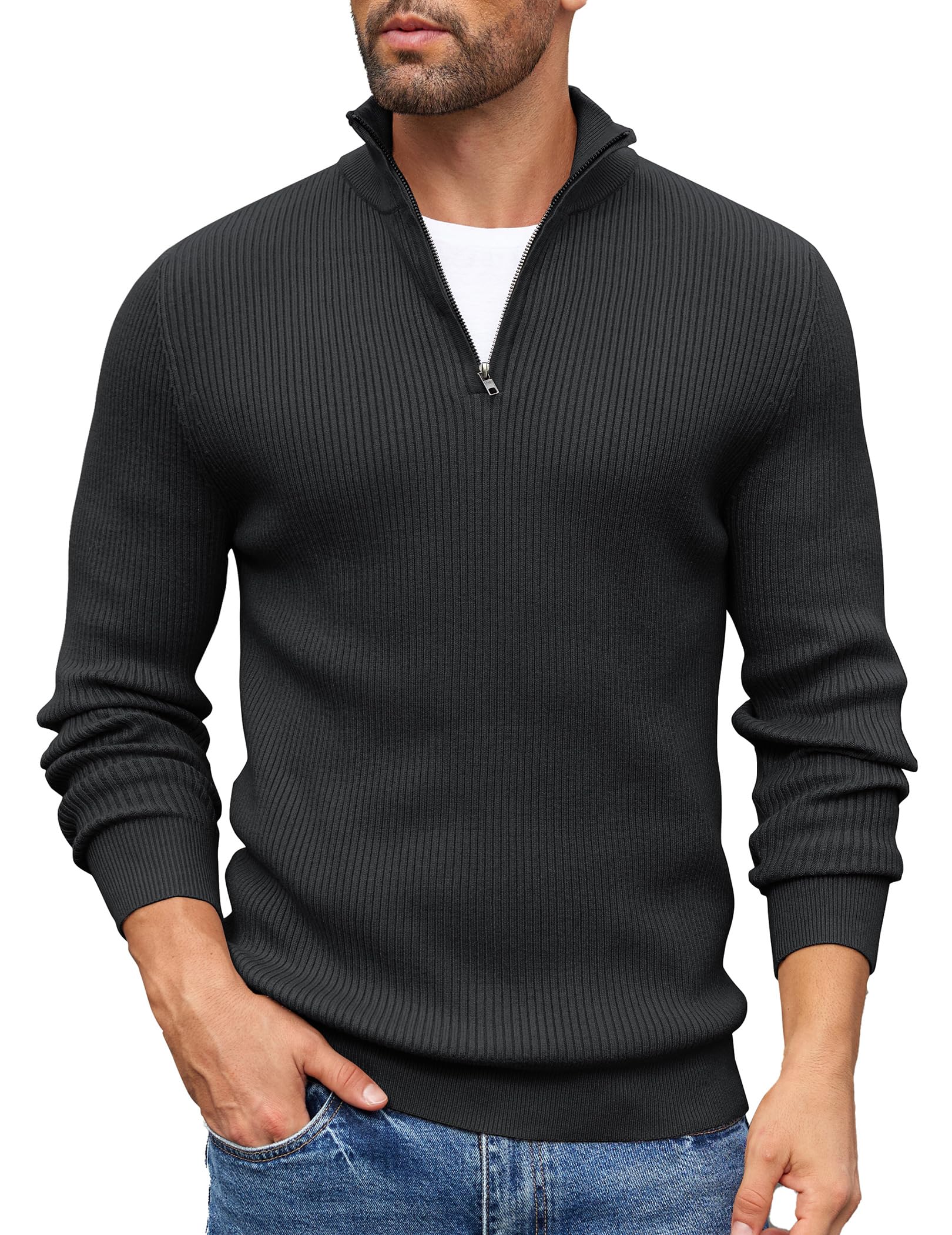 COOFANDY Men's Slim Fit Quarter Zip Mock Neck Pullover Sweater - Lightweight Knitted Polo Sweater for Casual Wear, Office & Outdoor Activities