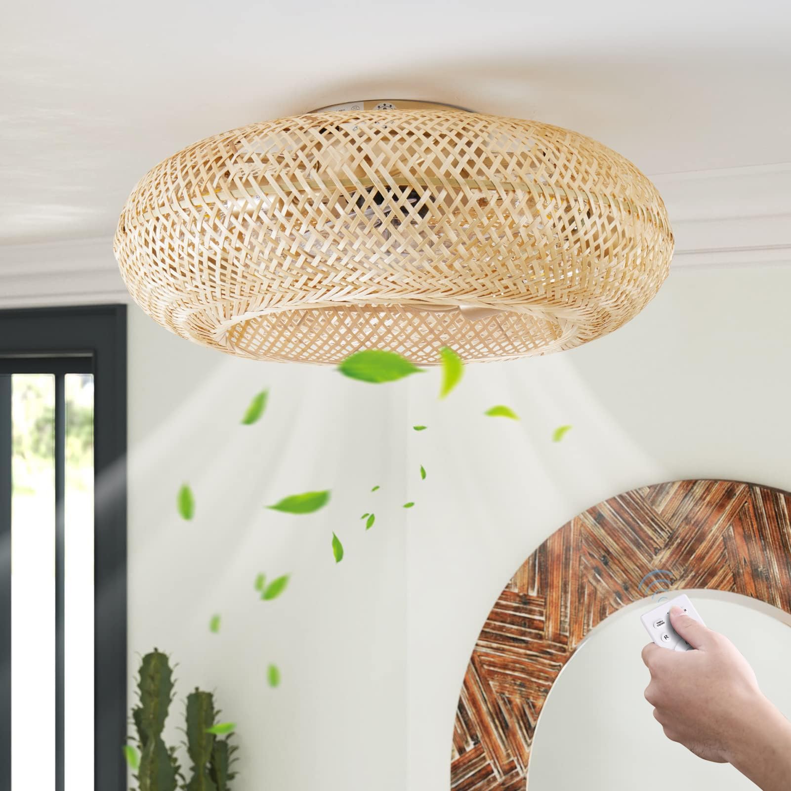 Boho Rattan Ceiling Fan with Lights and Remote Control - 20
