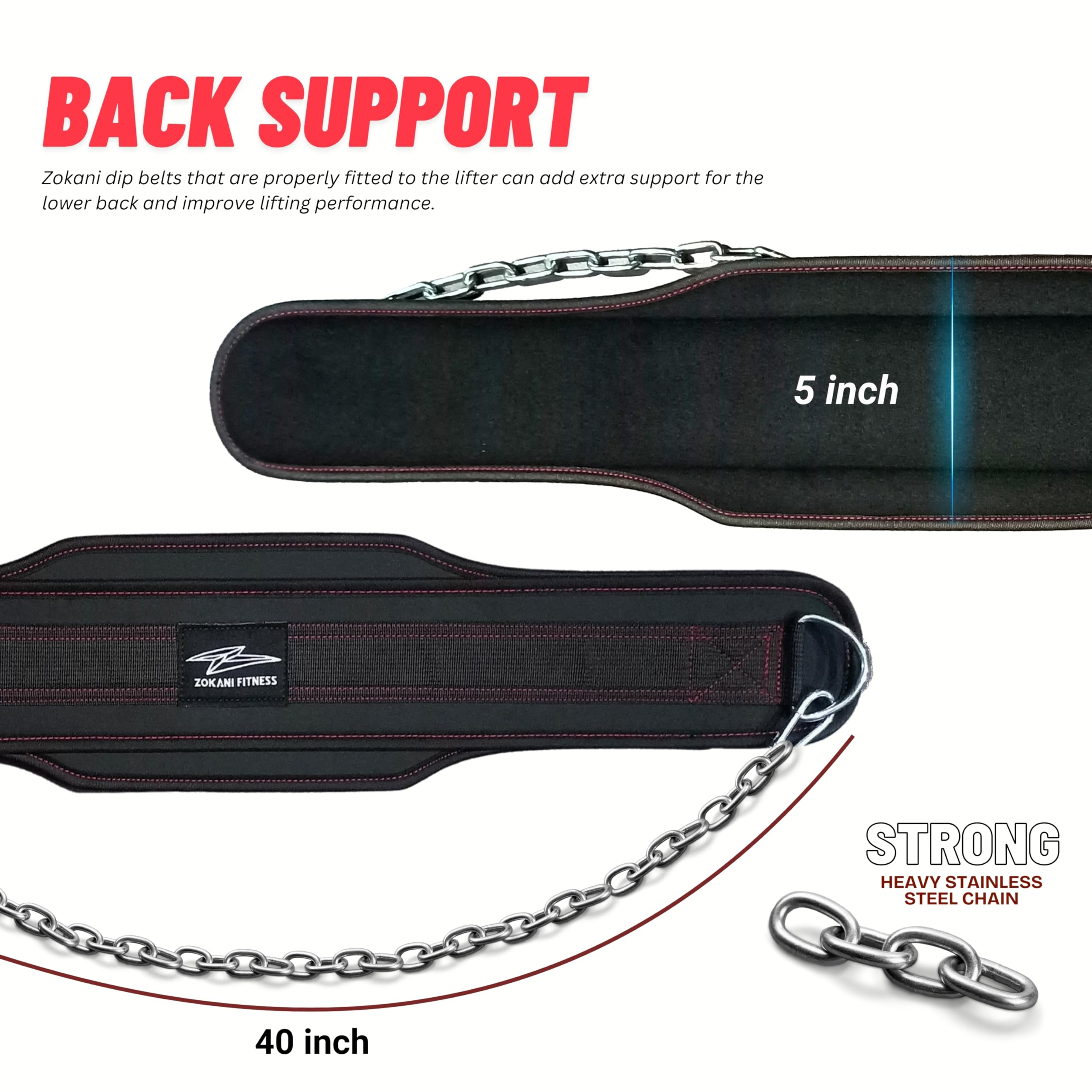Zokani Heavy Duty Dip Belt with Chain - Supports Up to 800lbs for Weightlifting, Squats, Deadlifts & Pull Ups - Adjustable Strength Training Belt for Men & Women - Perfect for Gym, CrossFit & Home Workouts