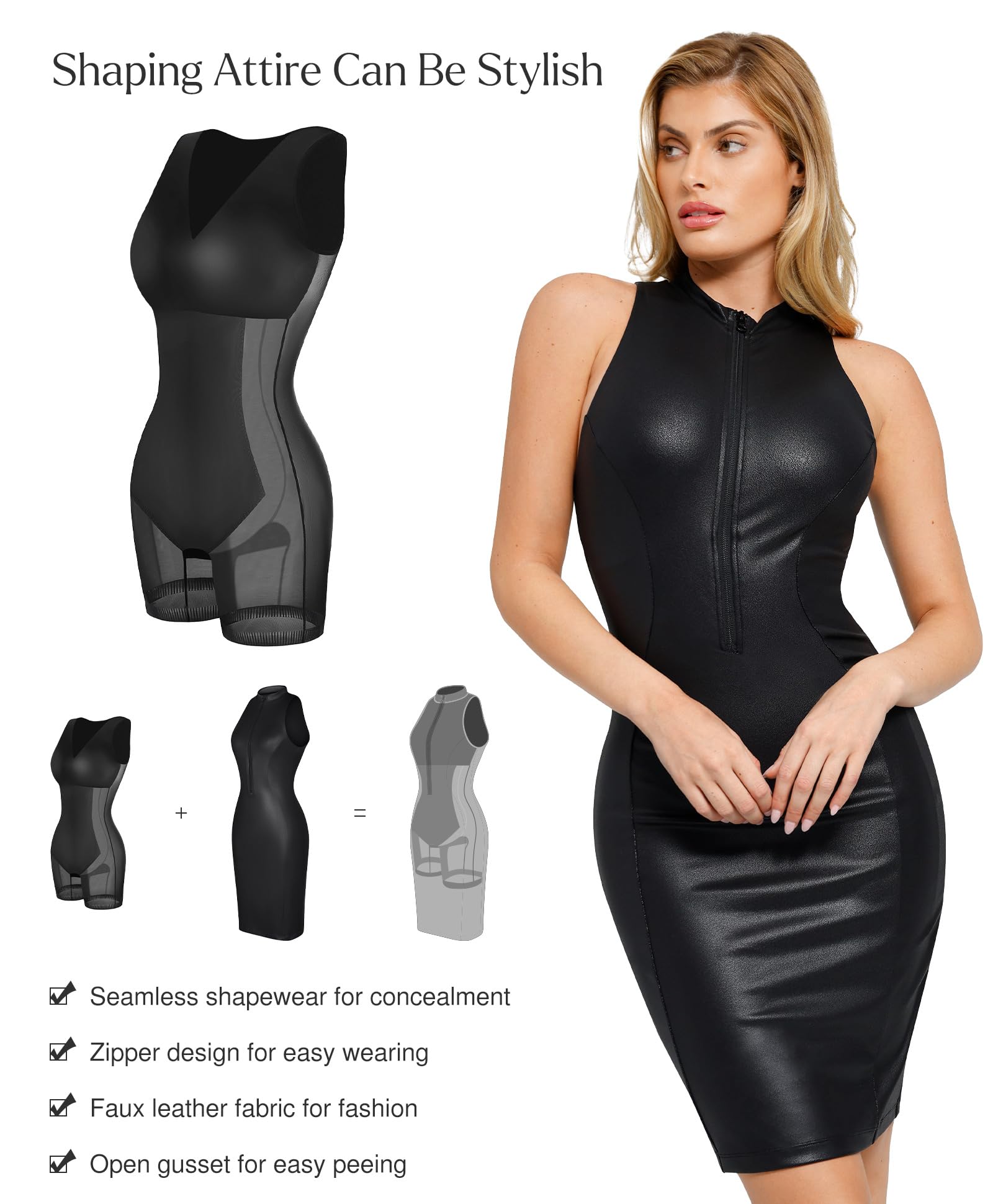 Popilush Women's Faux Leather Midi Dress with V-Neck - Slimming Shapewear Bodycon Dress for Date Night, Party & Evening Outfits - Sexy Formal Wear for Women