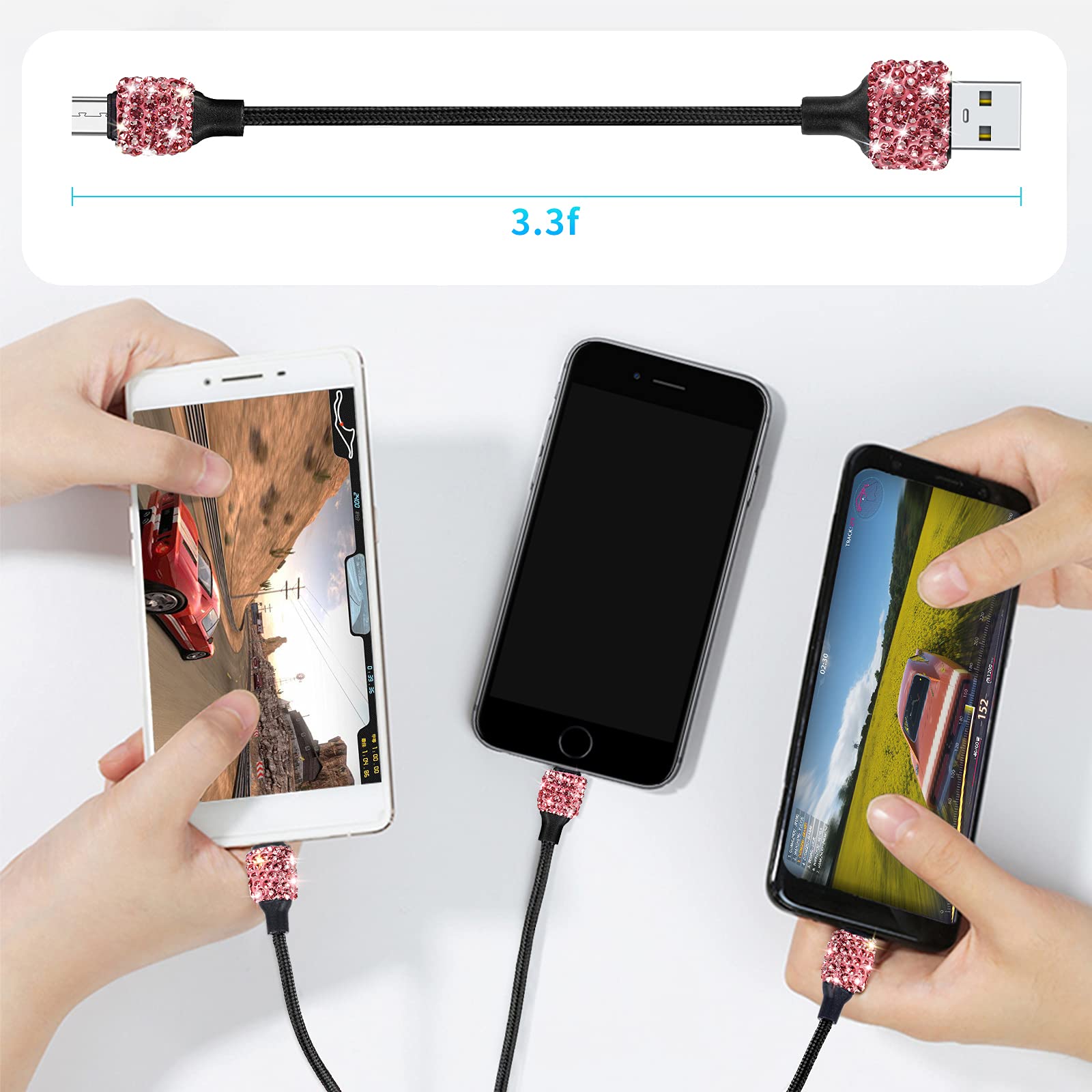 3-Pack Pink Bling Micro USB Cable (3.3FT) - Fast Charging Cord for Samsung Galaxy S7/S6 Edge/J7/S5, Note 5/4, LG K40/K20, MP3 Players, Kindle, Tablets - Perfect for Home, Office & Travel Charging
