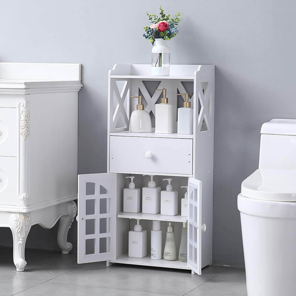 Tuankay Freestanding Bathroom Storage Cabinet with Shelves, Drawer & Doors - Waterproof Organizer for Towels, Toiletries & Cleaning Supplies (Perfect for Small Bathrooms & Laundry Rooms)