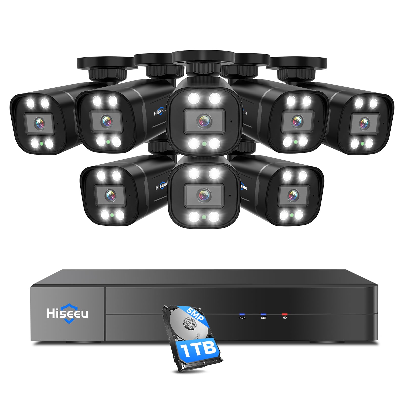 Hiseeu 3K Wired Outdoor Security Camera System with Audio - 5MP 8CH Surveillance DVR, 8 x 5MP IP66 Weatherproof Cameras, 1TB HDD, Dual Light, Human/Vehicle Detection, Smart Playback - Ideal for Home Security, Business Monitoring & Property Protection