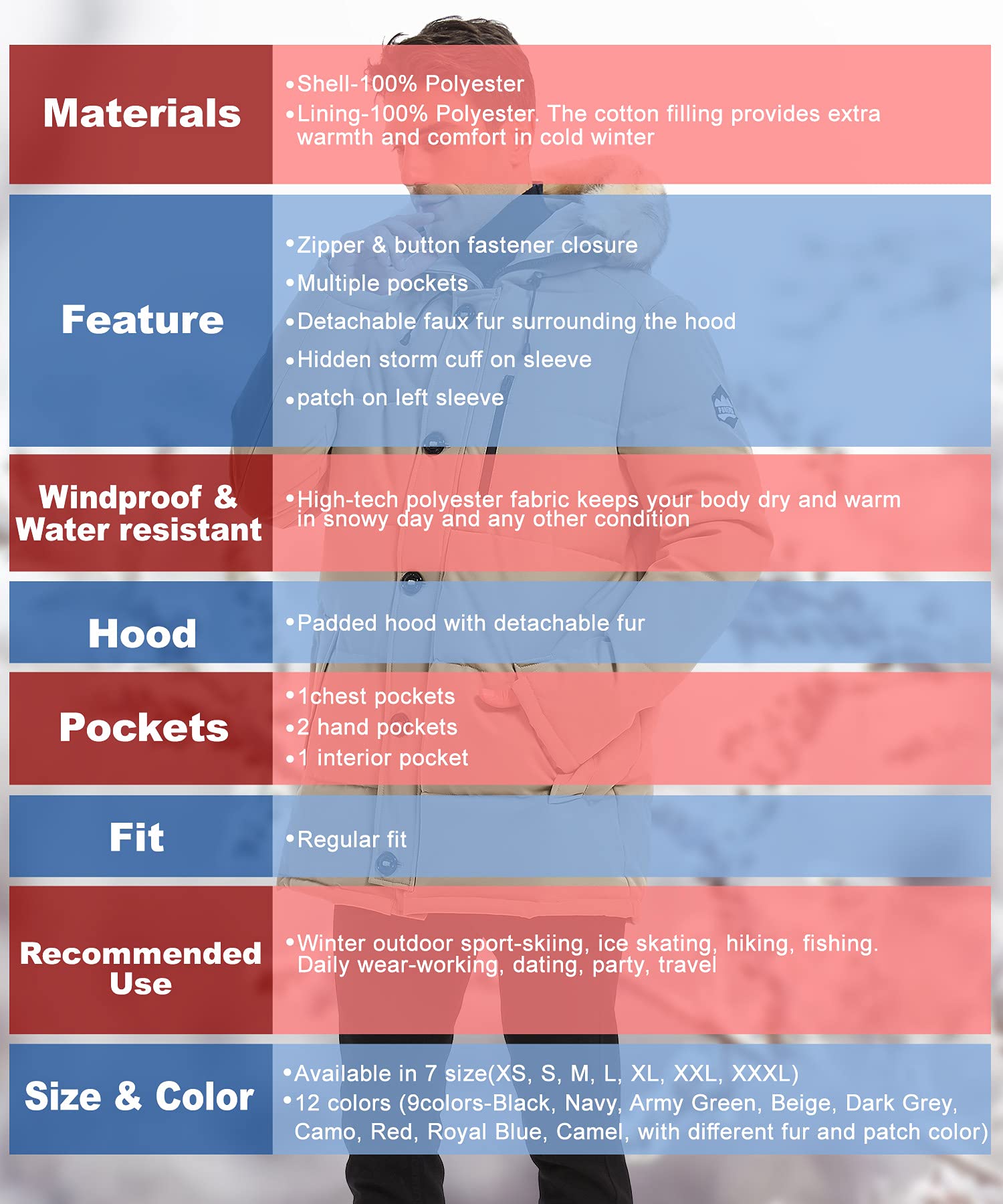 PUREMSX Men's Winter Coat - Windproof, Insulated Thick Outdoor Padded Parka Jacket for Cold Weather | Skiing, Snowboarding & Daily Winter Wear
