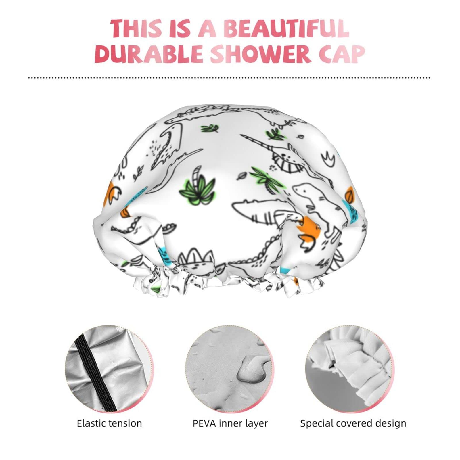 Dinosaur Print Reusable Waterproof Shower Cap for Women - Double Layer Bath Hair Protector for Swimming, Spa & Salon Use