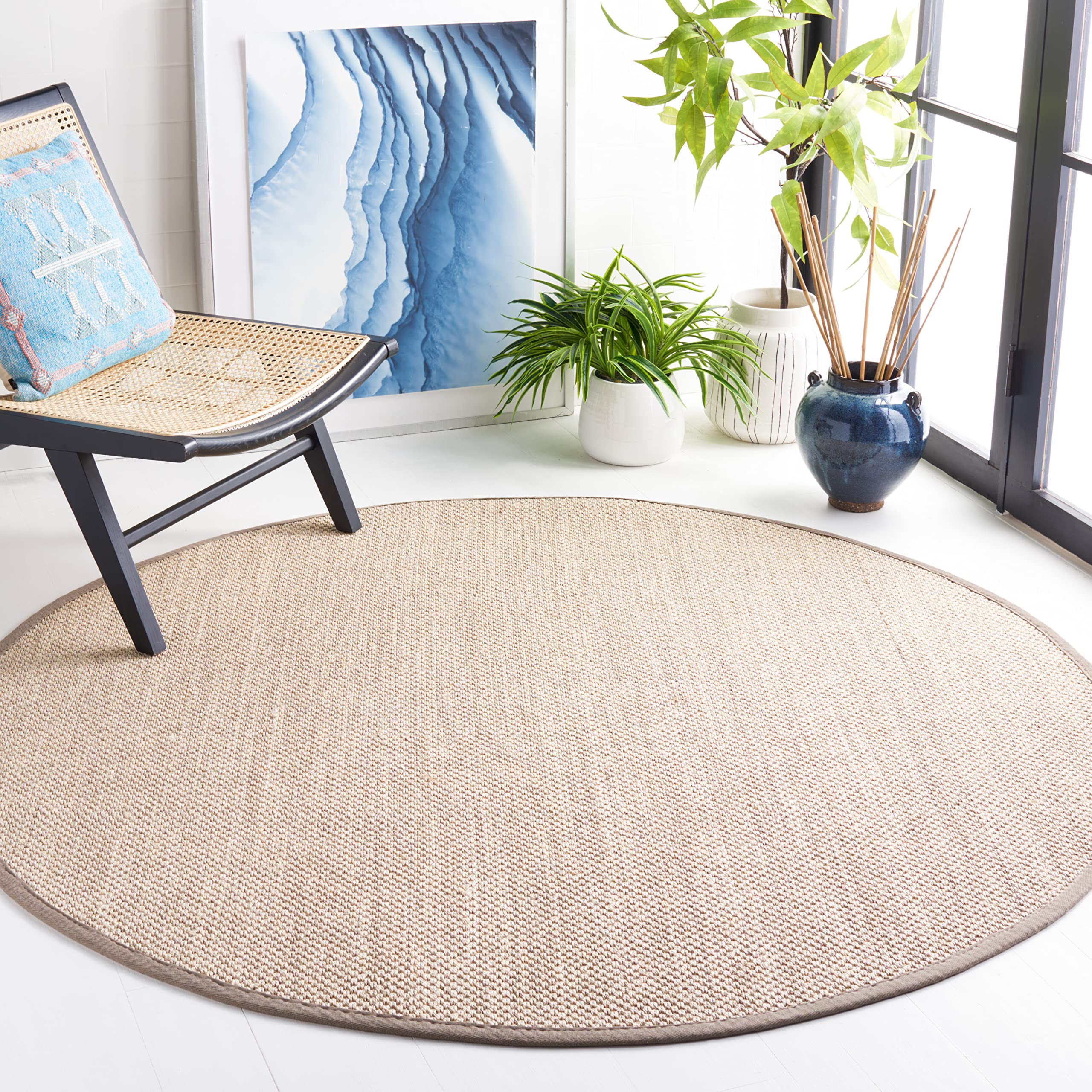 SAFAVIEH Natural Fiber Collection 10' Round Marble & Khaki NF143E Border Sisal Area Rug - Perfect for Living Room, Bedroom, or Office Decor
