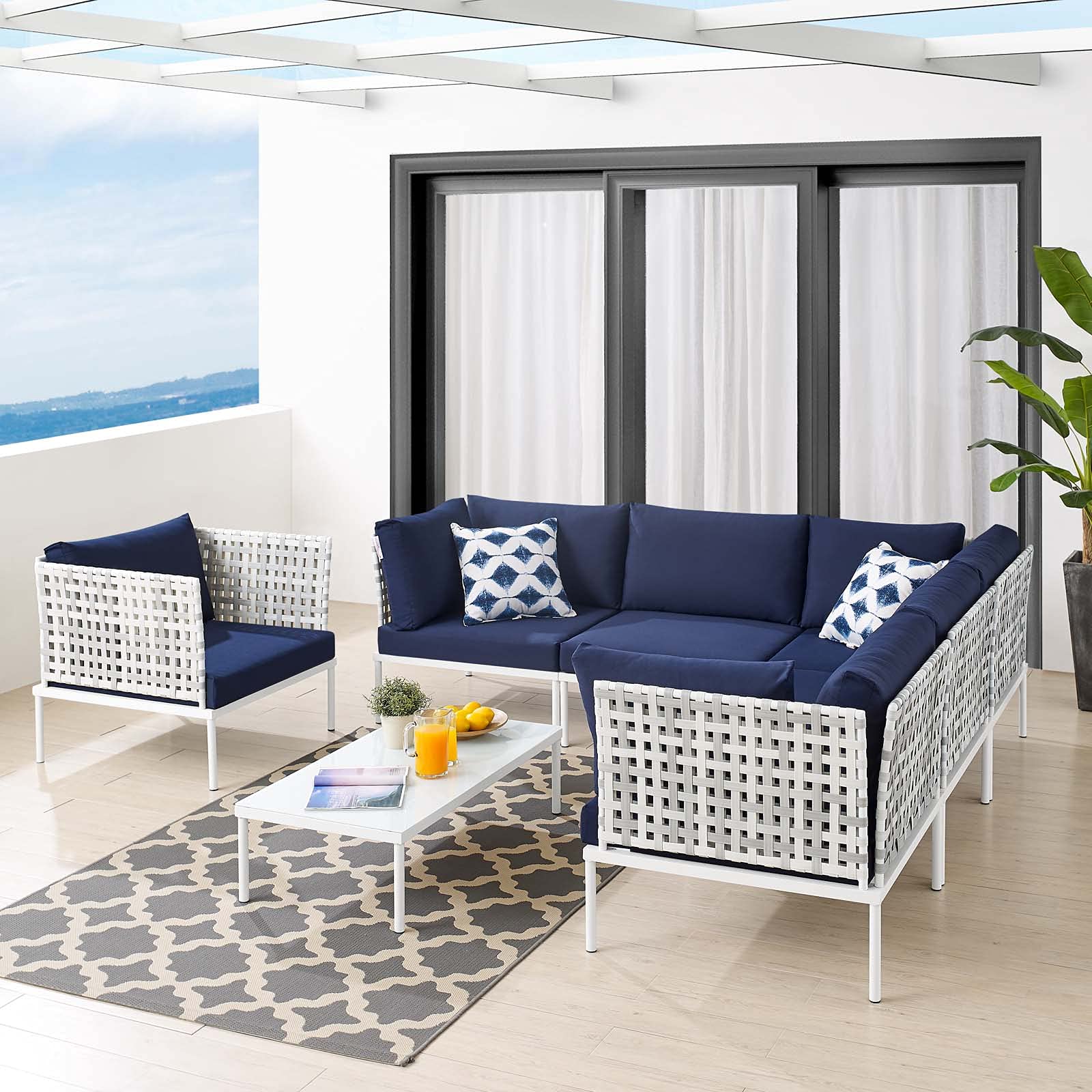 Modern Navy Blue Aluminum Outdoor Lounge Sectional Sofa Set with Table - Patio, Garden, Cafe & Poolside Relaxation Furniture