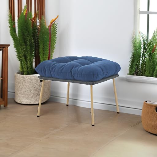 Outdoor Wicker Ottoman with Thick Cushion - Rattan Footrest Stool for Patio, Porch, Backyard & Garden - Grey/Blue - Perfect for Relaxing, Sunbathing & Outdoor Entertaining