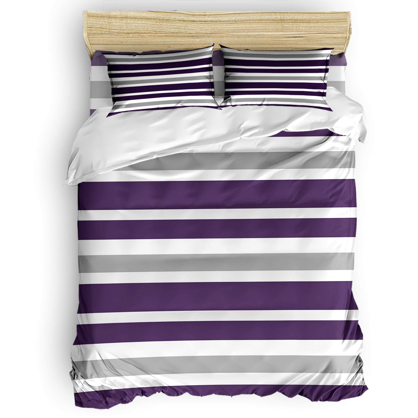 King Size Dark Purple Gray White Stripe Duvet Cover Set - 4 Piece Ultra Soft Microfiber Bedding Set with Zipper Closure | Breathable Comforter Cover for Kids & Adults | Perfect for Master Bedroom, Guest Room & Dorm Decor