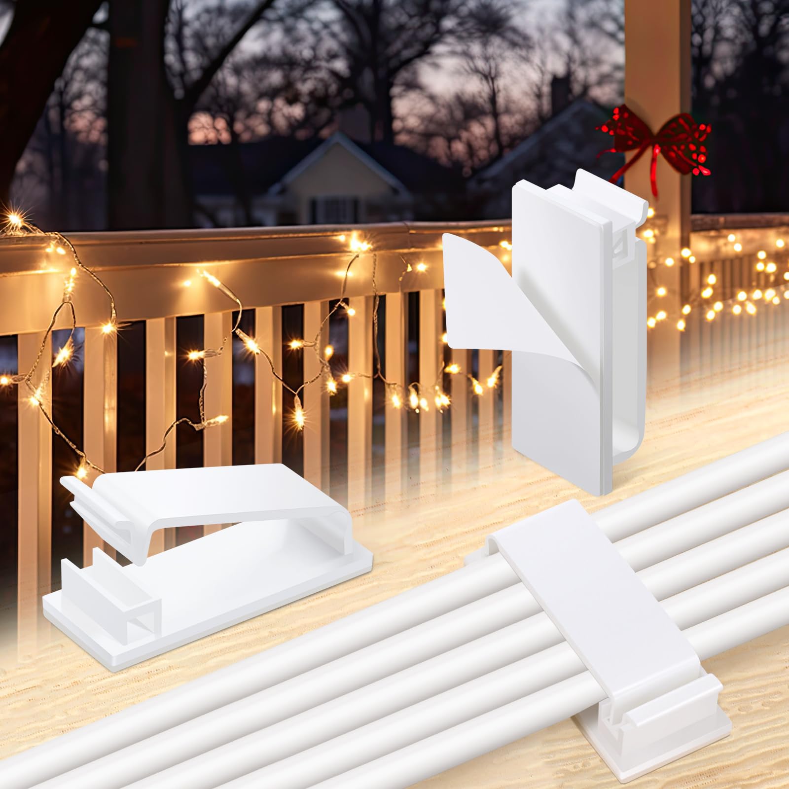 Hicarer 100 Pcs White X-Large Adhesive Cable Clips Hooks - Strong Wire Cord Holders for Outdoor String Lights, Christmas Decorations - Perfect for Wall, Desk, Car, Home and Office Organization