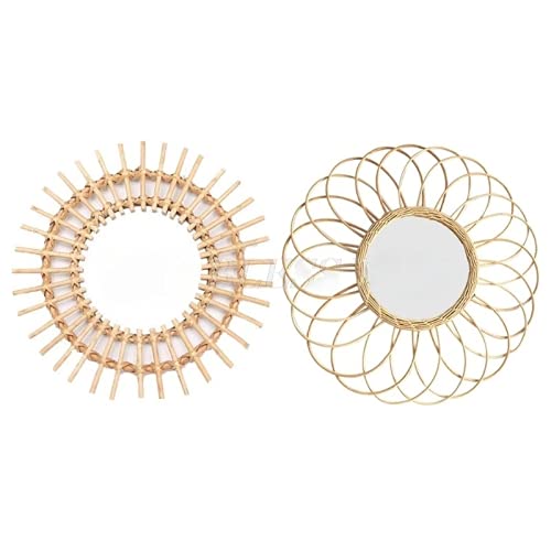 2 Pack 15.7'' Rattan Wall Mirror - Boho Wicker Decorative Mirror Set for Bedroom, Bathroom & Living Room Wall Decor (Natural, 2 Pack) - Perfect for Home Decor, Farmhouse Style & Coastal Interiors