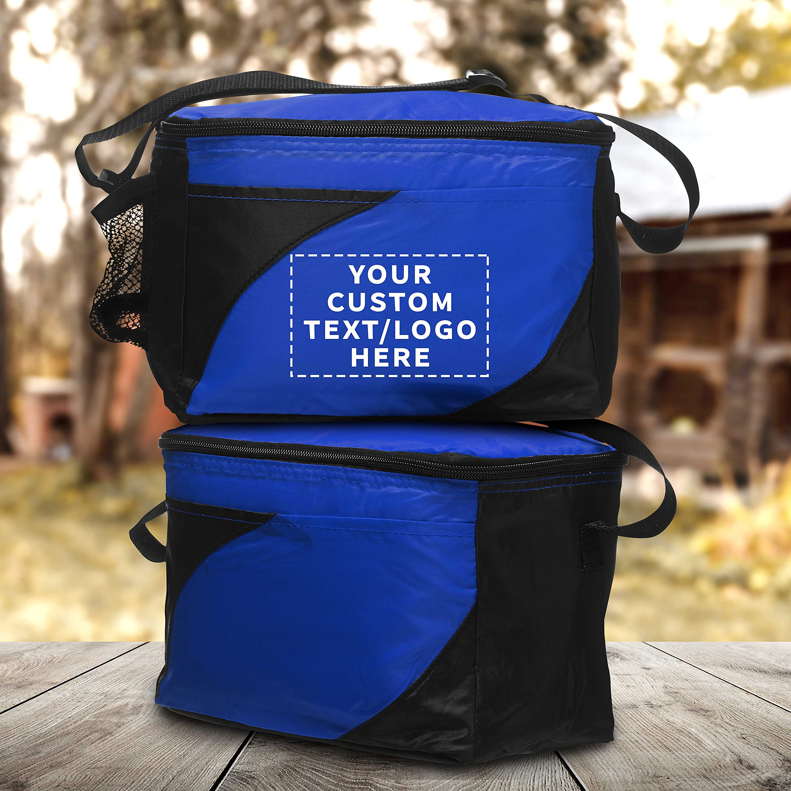 10 Pack Insulated Cooler Lunch Bags with Front & Side Pockets - Custom Text/Logo - Perfect for School, Work, Picnics & Outdoor Activities - Blue
