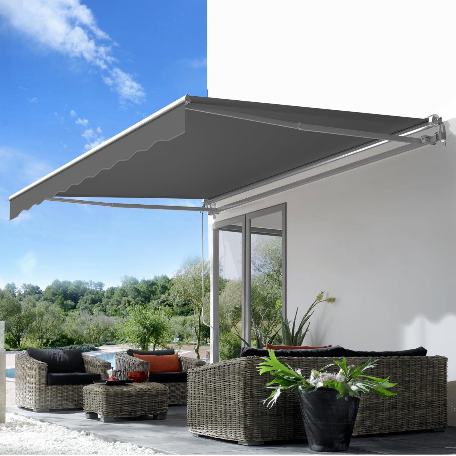AECOJOY 10'×8' Retractable Patio Awning - Manual Crank Sun Shade Cover for Outdoor Deck, Porch & Backyard - UV Protection Grey Canopy (Perfect for BBQs, Poolside Lounging & Outdoor Dining)