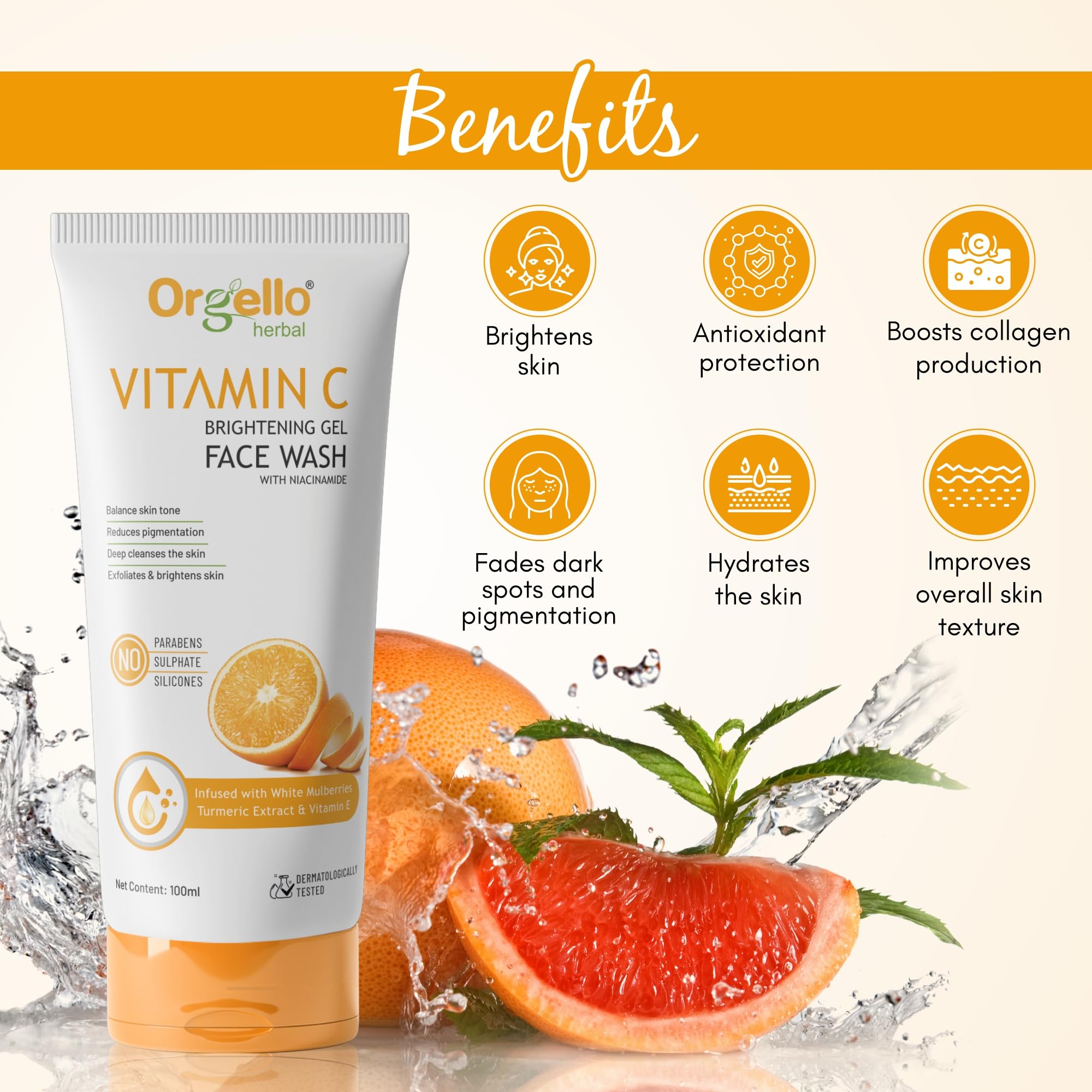 Orgello Herbal Vitamin C Face Wash (100ml) - Brightening, Acne Treatment & Dark Spot Remover for Clear Skin - SLS, Paraben & Silicone Free - Perfect for Daily Skincare & Glowing Complexion