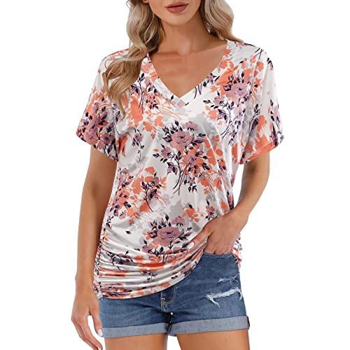 Women's Floral Printed V-Neck Short Sleeve T-Shirt - Casual Loose Fit Summer Blouse & Tunic Top (Orange, Medium) | Perfect for Beach Outings, Weekend Brunch & Summer Vacations