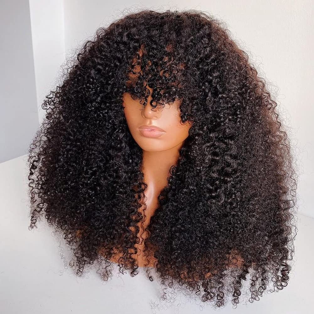 Afro Kinky Curly Human Hair Wigs with Bangs - 200% Density Brazilian Virgin Hair Machine Made Lace Front Wig (24 Inch) - Perfect for Cosplay, Daily Wear & Protective Styling
