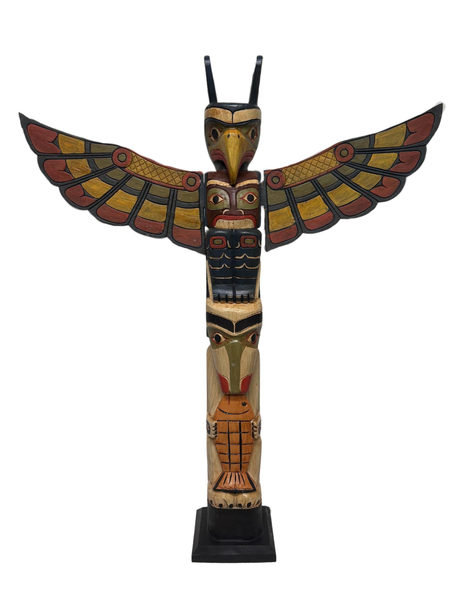 Northwest Coast Style 3ft Wooden Eagle & Fish Totem Pole - Handcrafted Native American Art for Home Decor, Office Display & Garden Sculpture