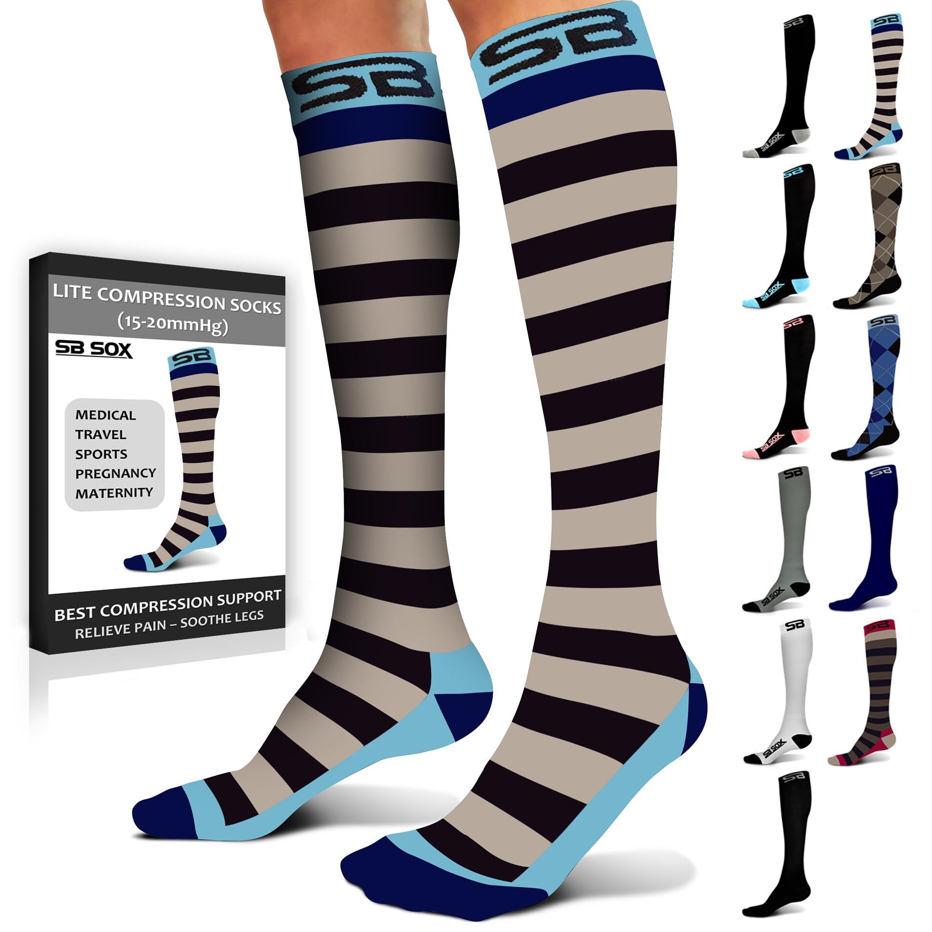 SB SOX Lite 15-20mmHg Compression Socks for Men & Women - Best Graduated Support for Travel, Running, Nursing & Daily Wear - Breathable & Comfortable (Includes XXL Sizes) - Perfect for Long Flights, Workouts & Varicose Vein Relief