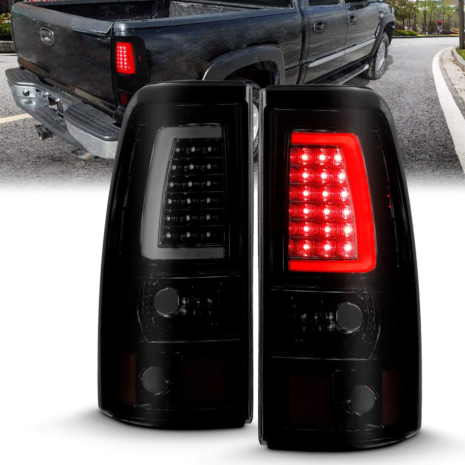 1999-2006 GMC Sierra & 1999-2002 Chevy Silverado LED Tail Lights - Dark Black C-Type Brake Lamp Set (Pair) for Improved Visibility & Style - Perfect for Night Driving & Custom Truck Upgrades