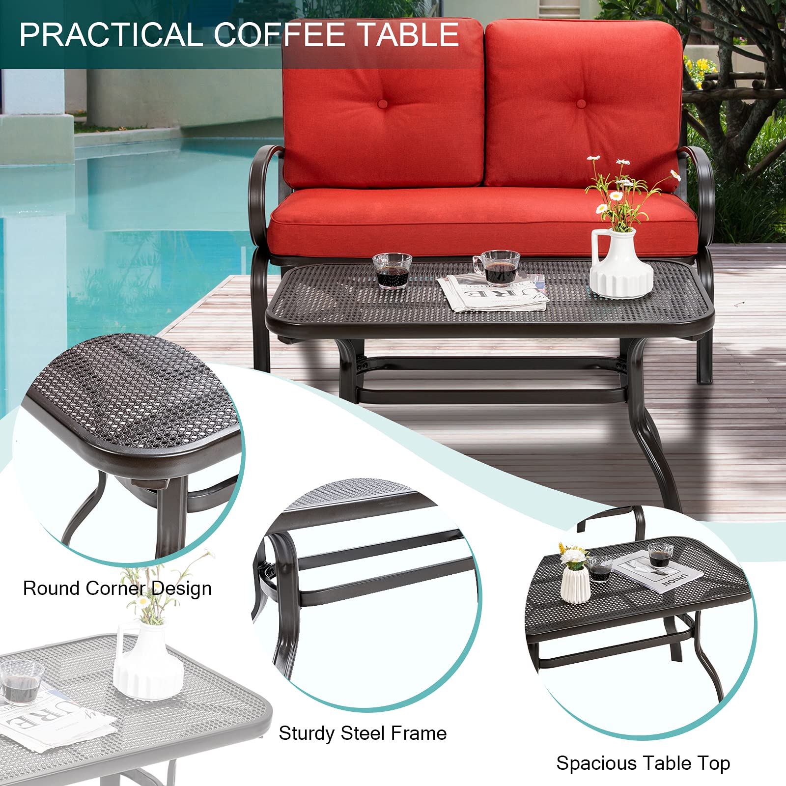 Giantex Outdoor Loveseat with Coffee Table - Patio Bench Set with Cushion & Sturdy Metal Frame - Garden, Yard, Poolside Furniture - Perfect for Relaxing, Entertaining & Sunbathing (Red & Black)