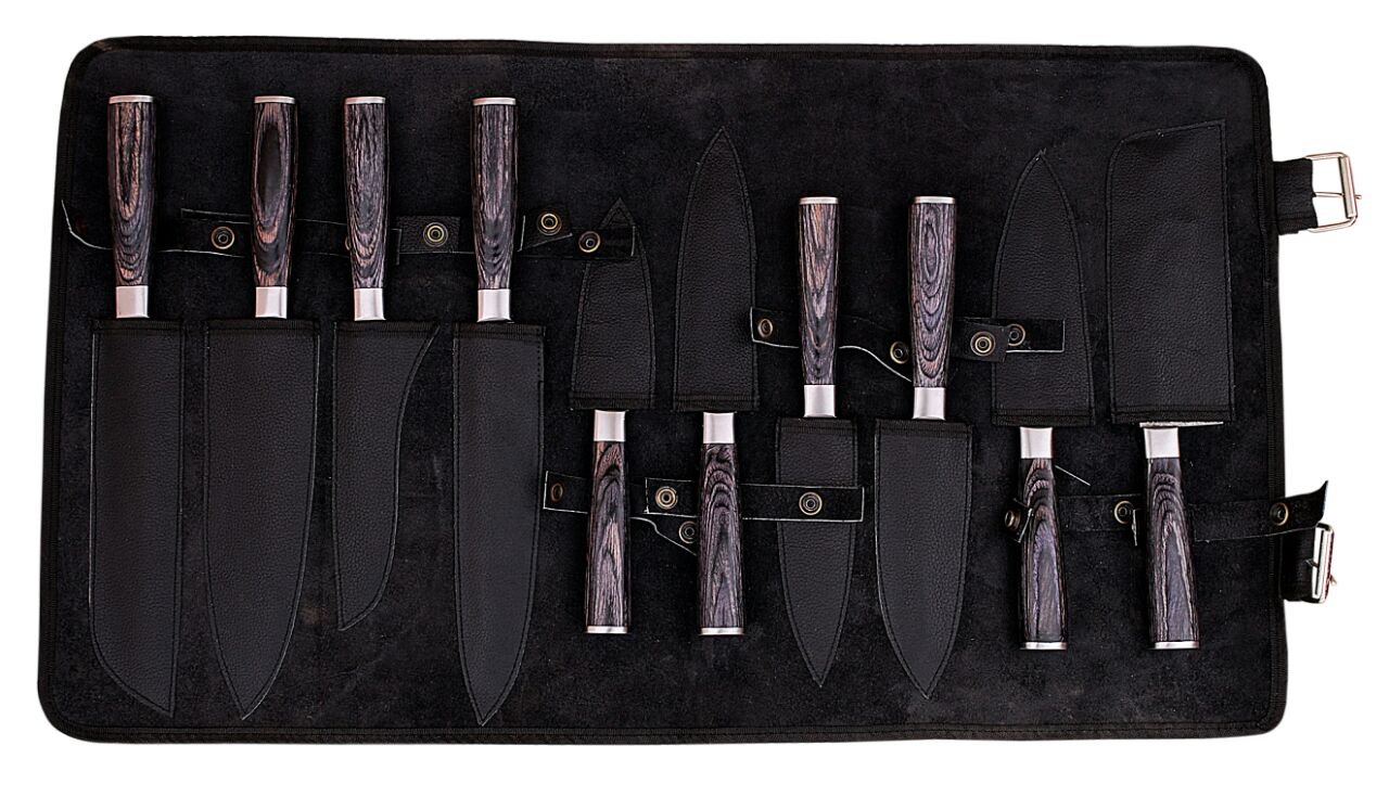 Premium Damascus Steel Professional Kitchen Knife Set - 10-Piece Black Utility Chef Knives with Wooden Handle & Protective Roll Bag | Ideal for Home Chefs, Culinary Students & Professional Kitchens | Perfect Gift for Cooking Enthusiasts