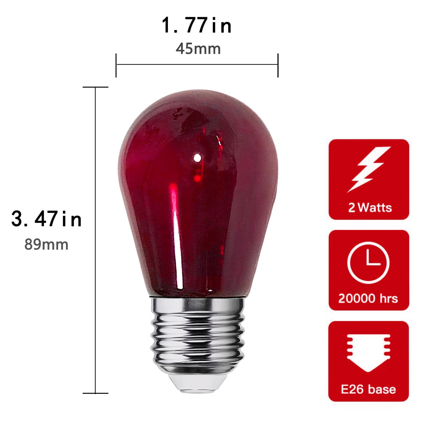 15 Pack S14 LED Red Light Bulb 2W Shatterproof Waterproof E26 Edison Bulbs - Christmas Halloween Party Decorations, Outdoor String Lights Replacement for Patio, Garden & Holiday Events