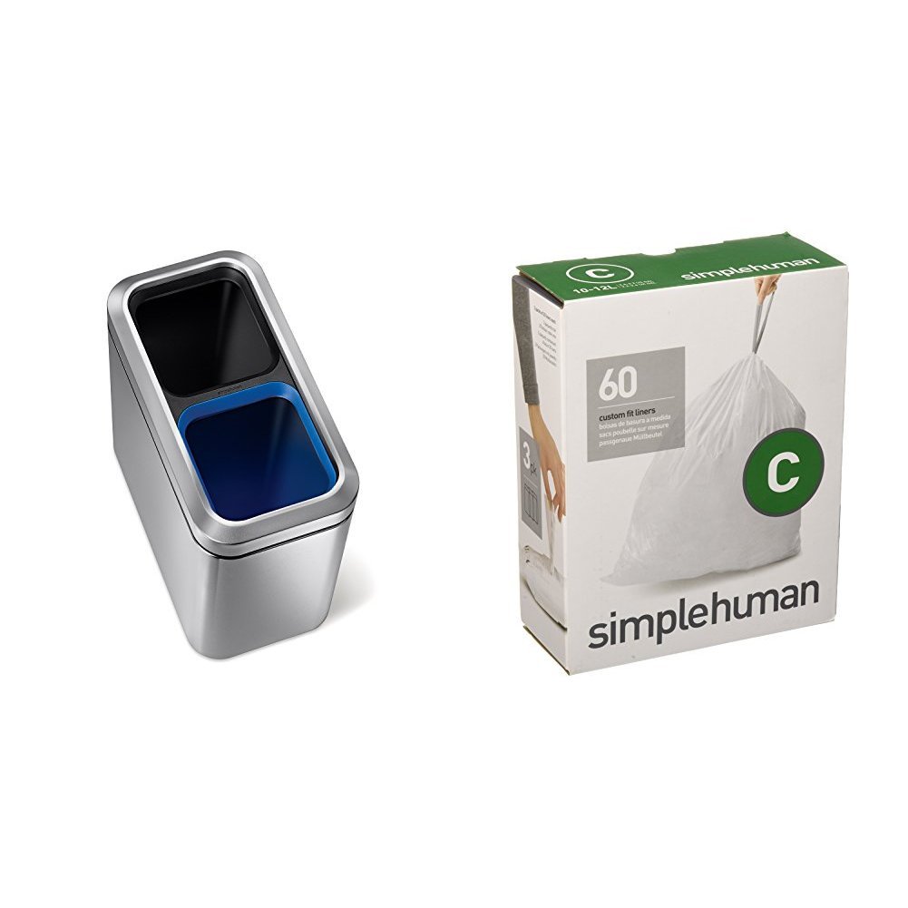 SimpleHuman 20-Liter Dual Compartment Slim Open Trash Can - Fingerprint-Proof Brushed Stainless Steel with Code C & 60 Pack Liners - Perfect for Kitchen, Bathroom, and Office Waste Disposal