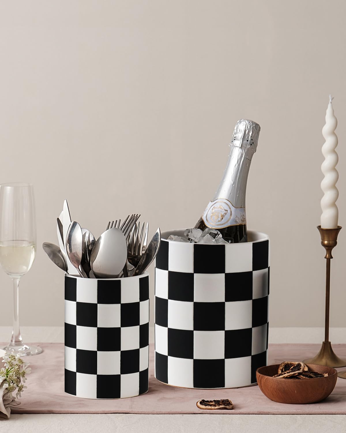Black Checkered Ceramic Utensil Holder - 7.1